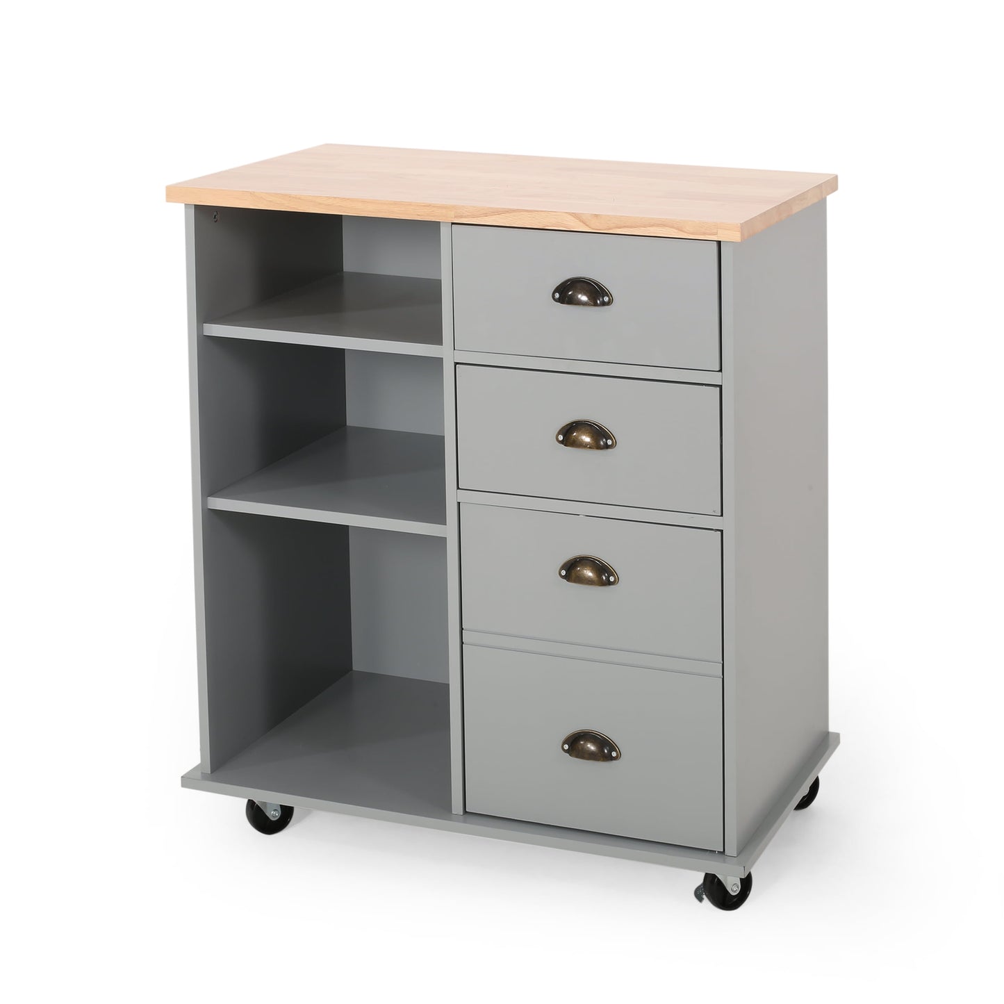 Noble House Ratzy Rubberwood Kitchen Cart with Locking Wheels, Gray