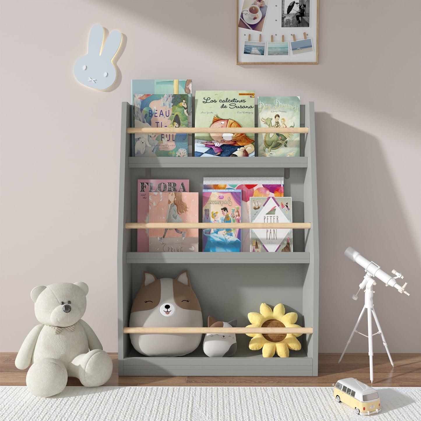 Noble House Sage 3-Tier Kids Book Shelf, Front-Facing Toddler Book Rack for Bedroom, Playroom or Nursery, Gray
