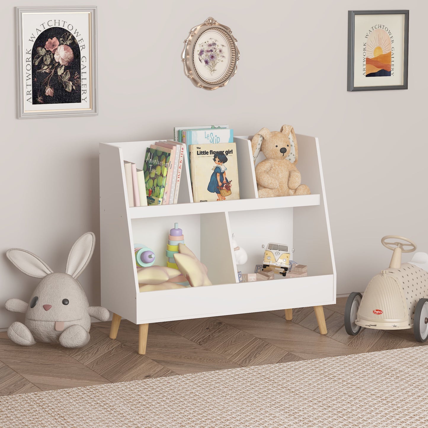 Noble House Solview 32" Kids Wooden Bookshelf and Toy Organizer, 5-Cubby 2-Bin Storage Cabinet for Playroom, White