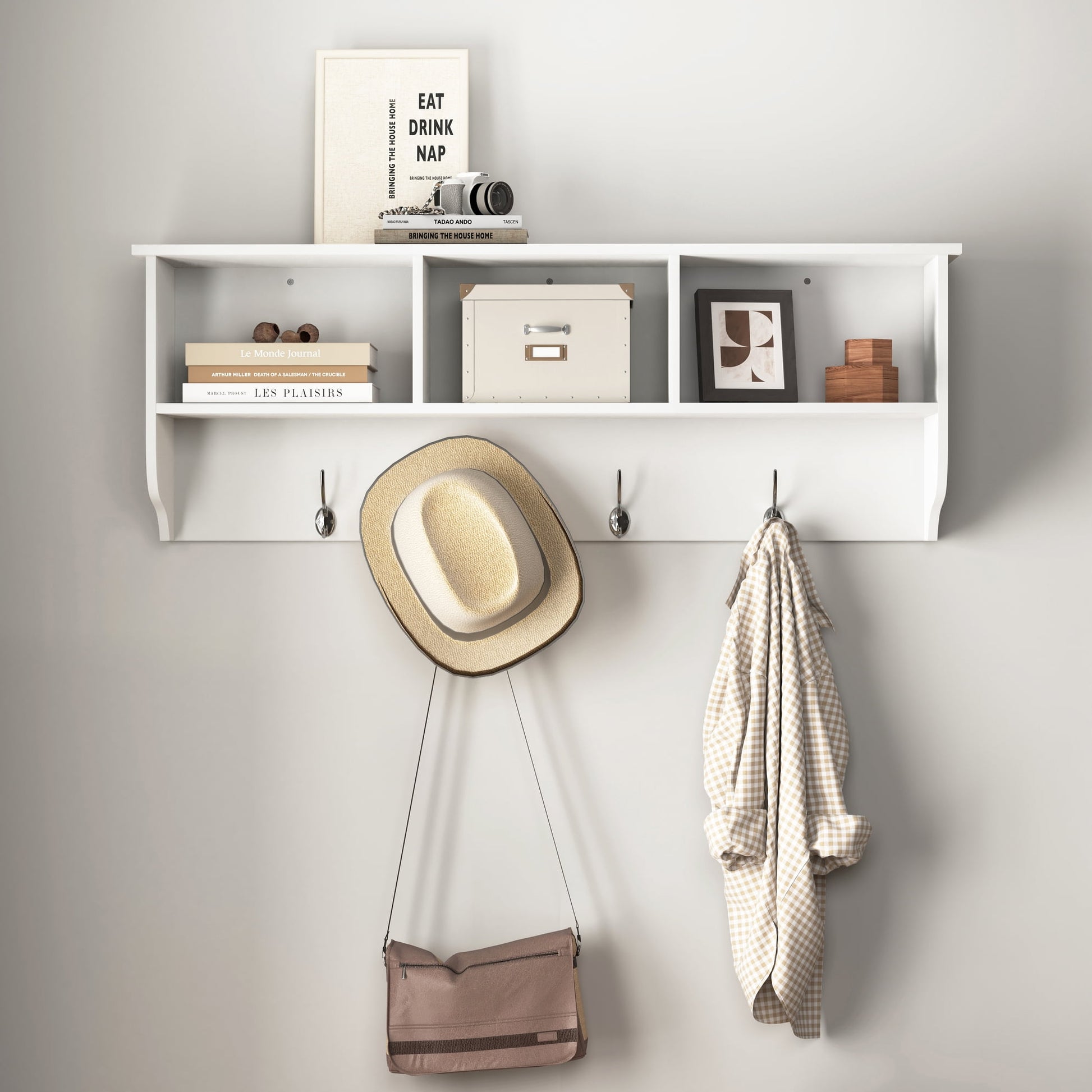 Noble House Wall Mounted Entryway Coat Rack with Storage Shelf and 4 Dual Hooks, MDF Wood, White