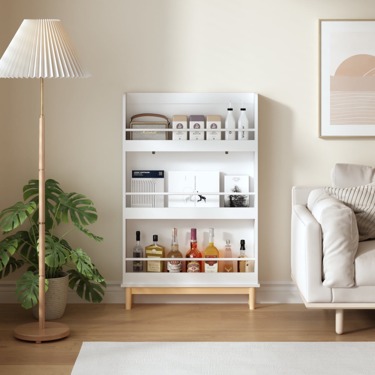 Noble House Wall-Mounted Kids Bookshelf with 3 Front-Facing Display Shelves, Book Rack with Natural Wood Base, White