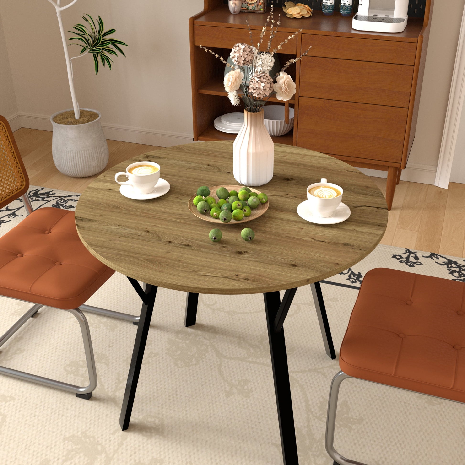 Noble House Windsor 35.43" Round Wood Dining Table, Small Circle Kitchen Table for 2-4 People, Black Metal Legs, Brown