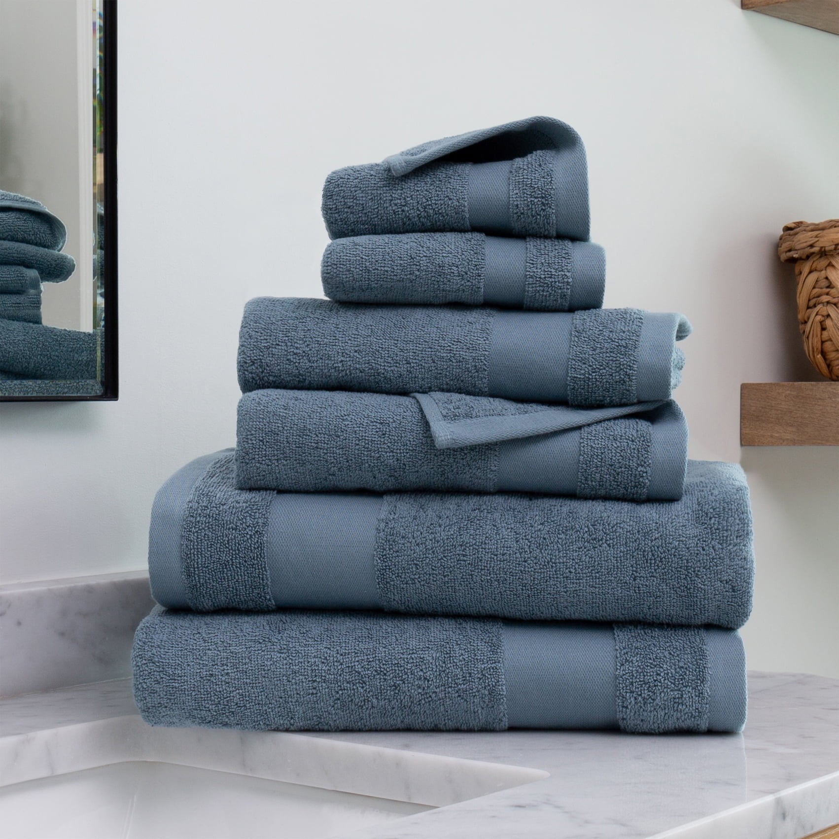 Noble Linens Juego de Toallas de BaÃ±o de AlgodÃ³n Estilo Granja de 6 Piezas, Gris Claro