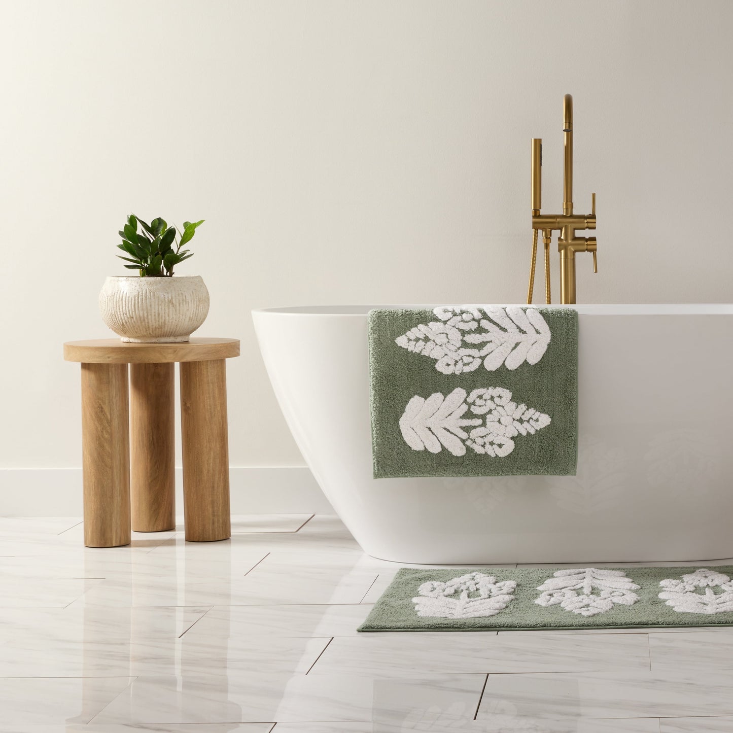 Noble Linens Floral Pattern Cotton Bath Mat, 24 in x 17 in, Folk Leaves Sage