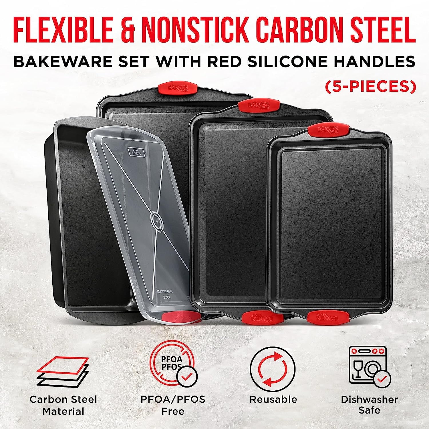 2 Piece Set Nonstick Carbon Steel Oven Bakeware -Professional Quality Kitchen Cooking Baking Trays Medium & Large Baking Sheet Pans with Red Silicone Handles
