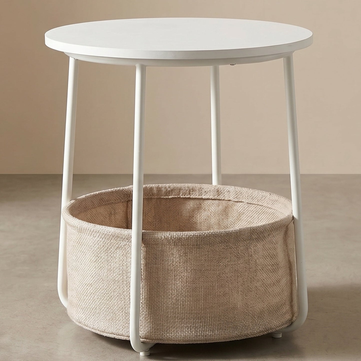 Nordic Hygge 17.7 in. Round Side Table with Fabric Storage Basket, Matte White/Camel Brown