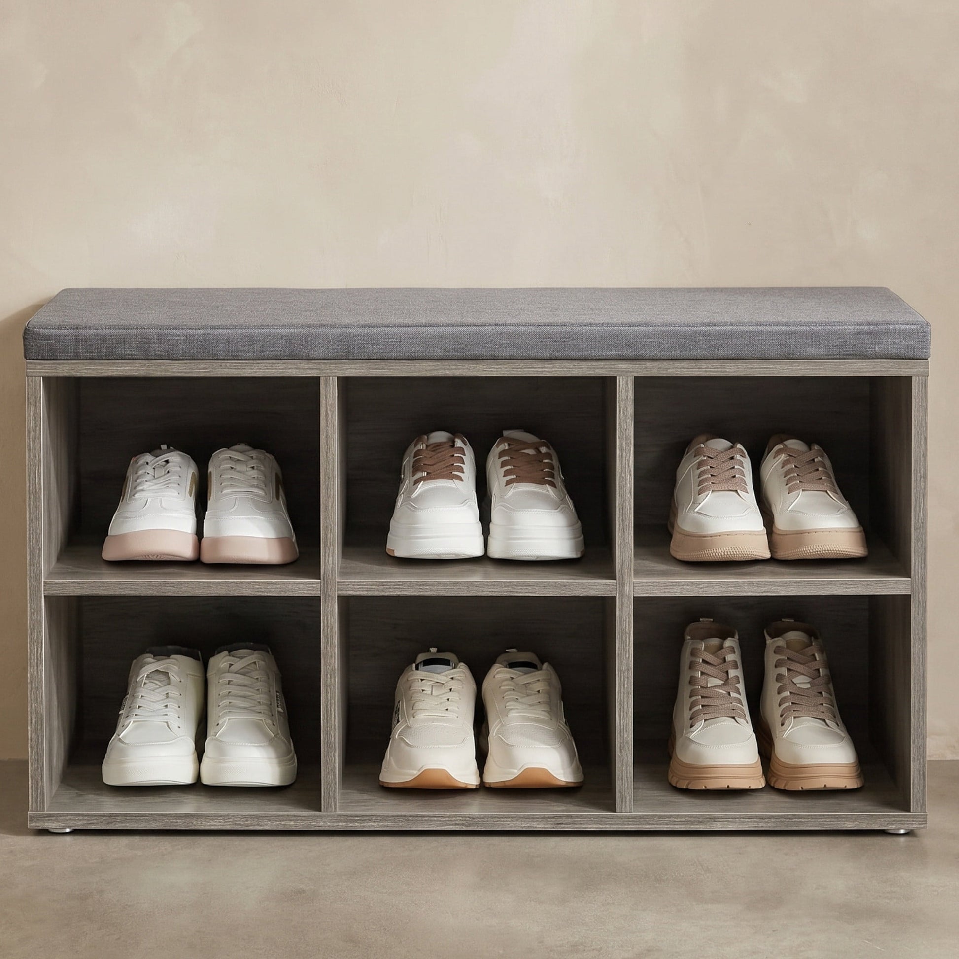 Nordic Hygge 40.2 in. Greige Shoe Storage Bench with Padded Seat & Adjustable Shelves