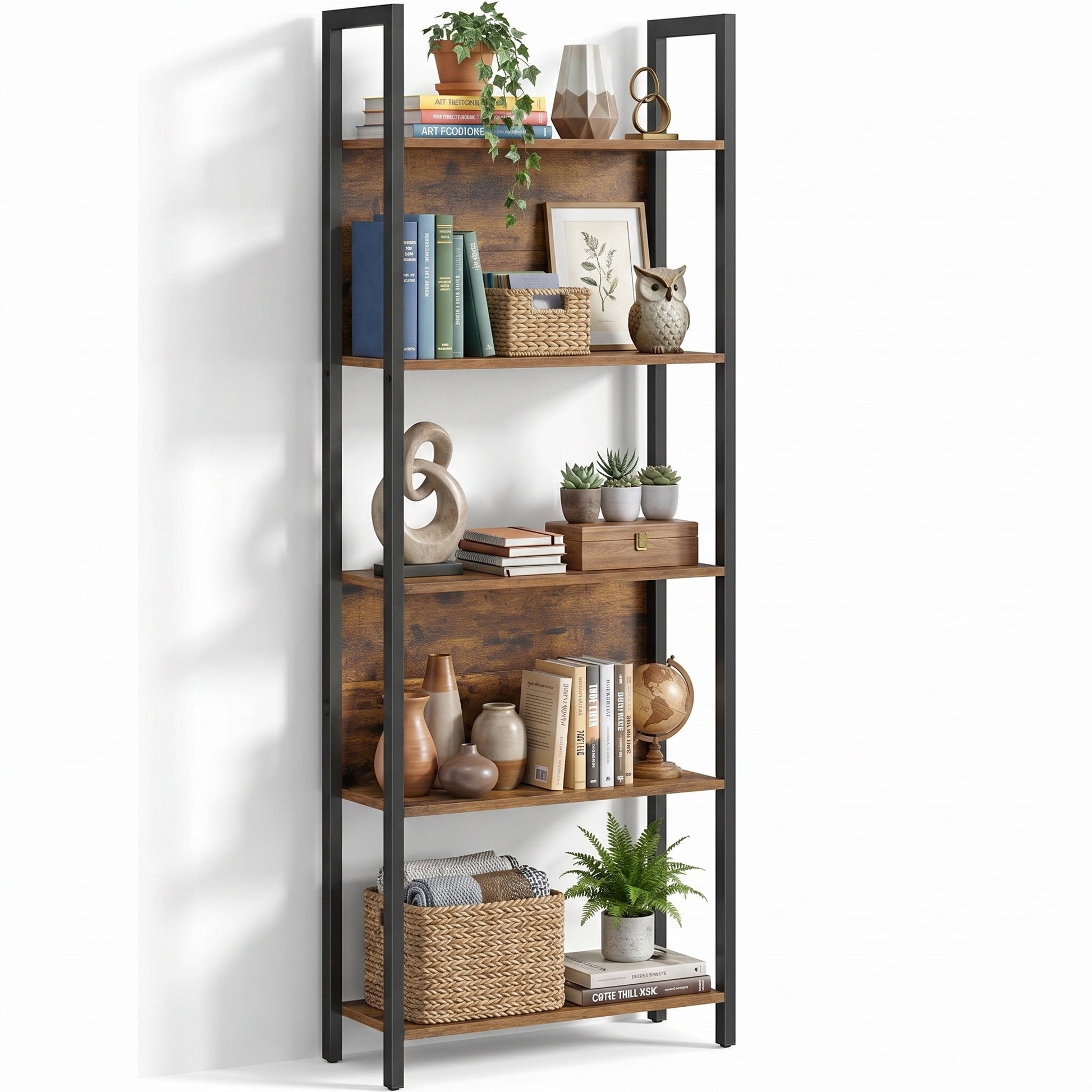 Nordic Hygge 5-Tier Industrial Bookshelf, Slim Storage Bookcase with Steel Frame, Rustic Brown and Black