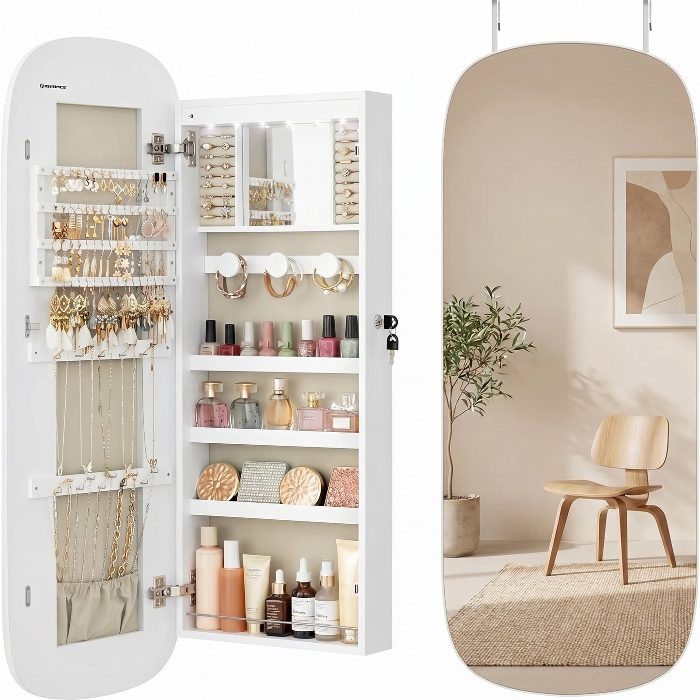 Nordic Hygge LED Wall/Door Mounted Jewelry Cabinet with Lockable Rounded Mirror â€“ White & Greige