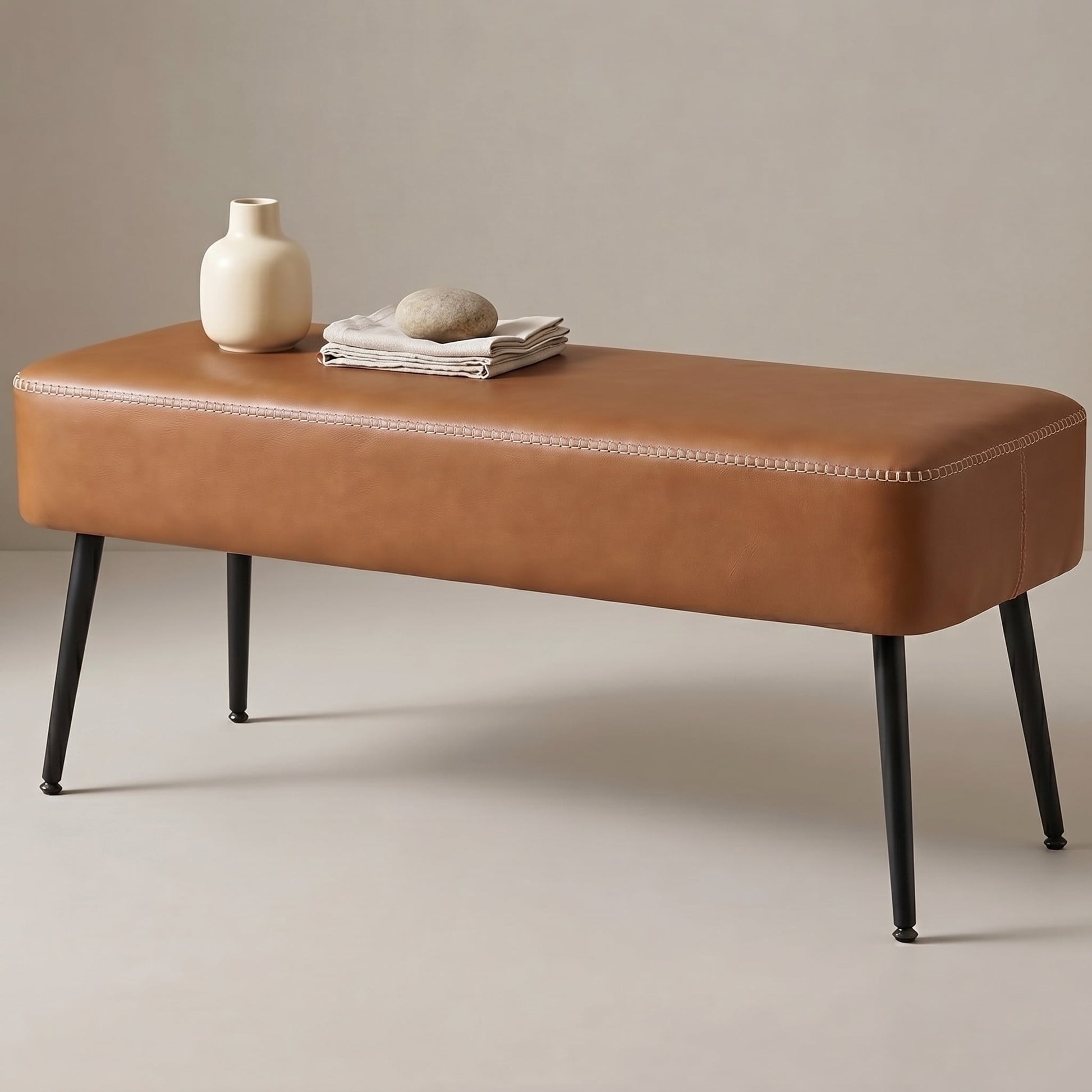 Nordic Hygge Mid-Century Modern Entryway Bench, Caramel Brown