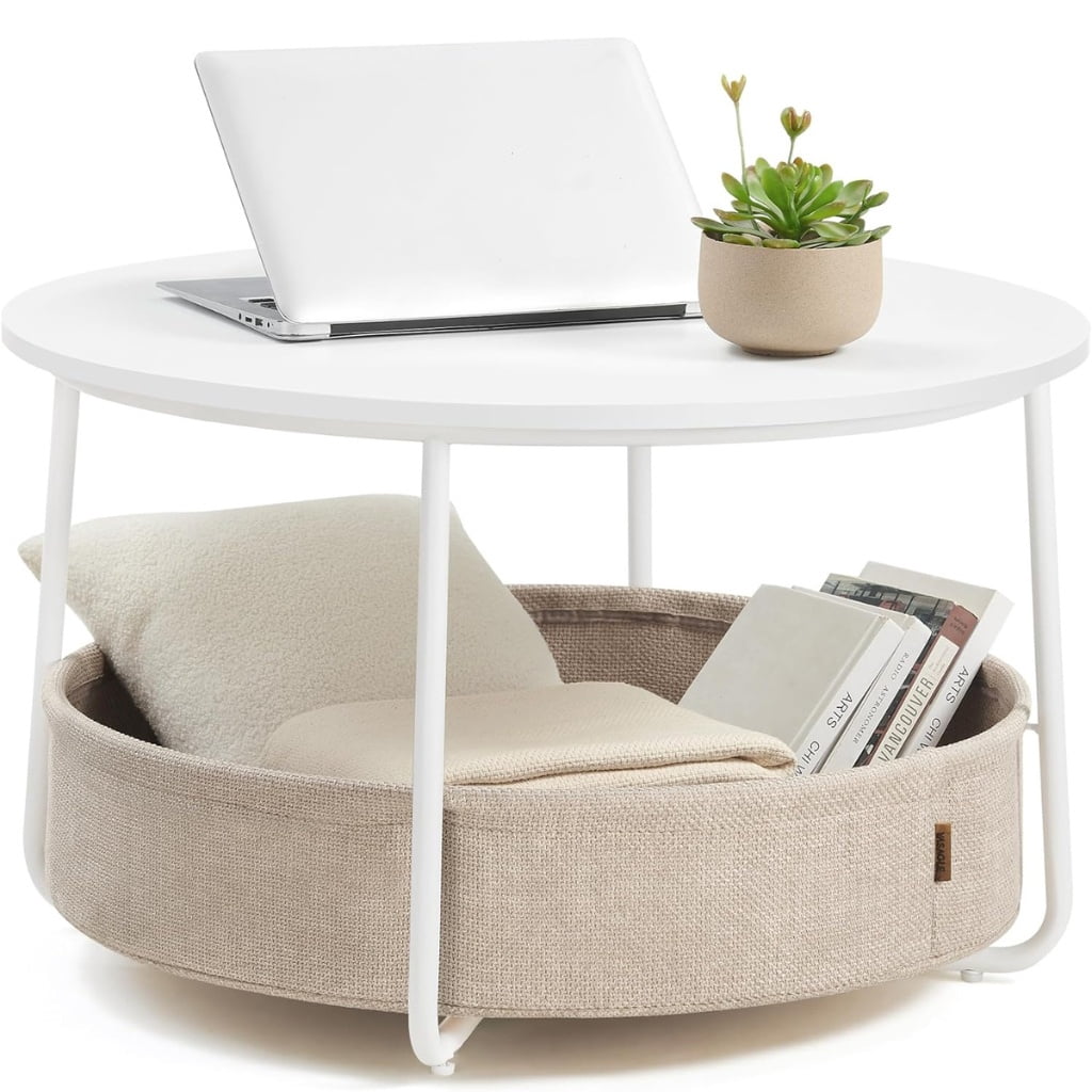 Nordic Hygge Modern Matte White Round Coffee Table with Camel Brown Fabric Storage Basket