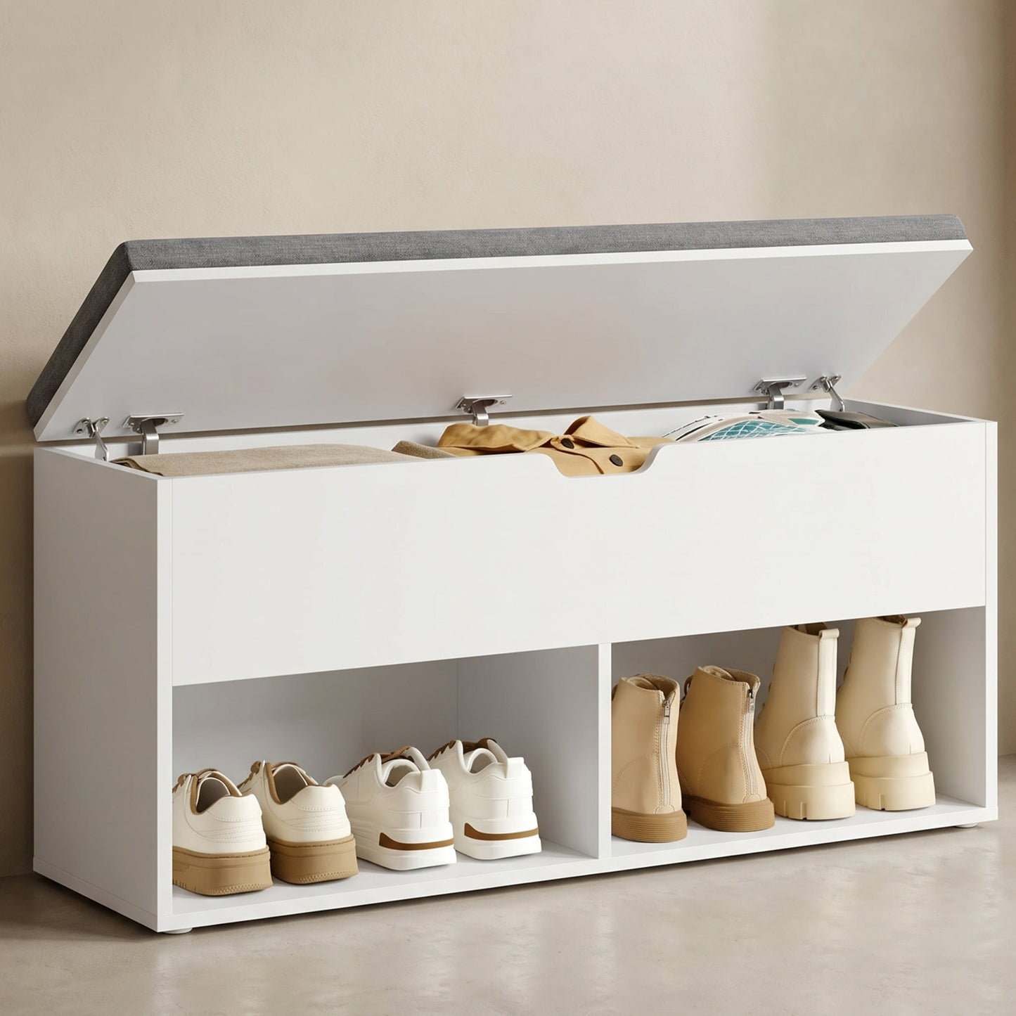 Nordic Hygge White Shoe Storage Bench with Gray Padded Seat and Hidden Compartment