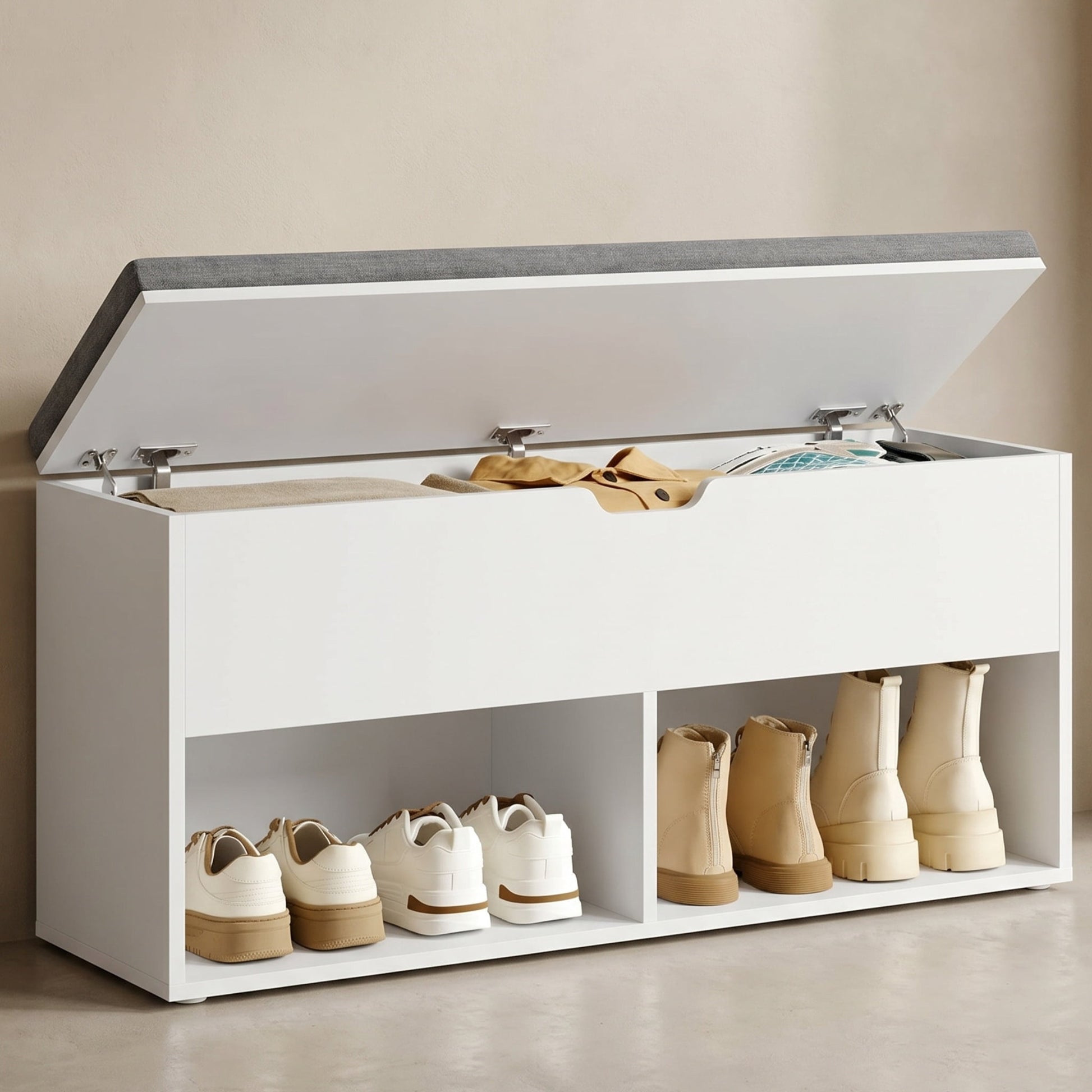 Nordic Hygge White Shoe Storage Bench with Gray Padded Seat and Hidden Compartment