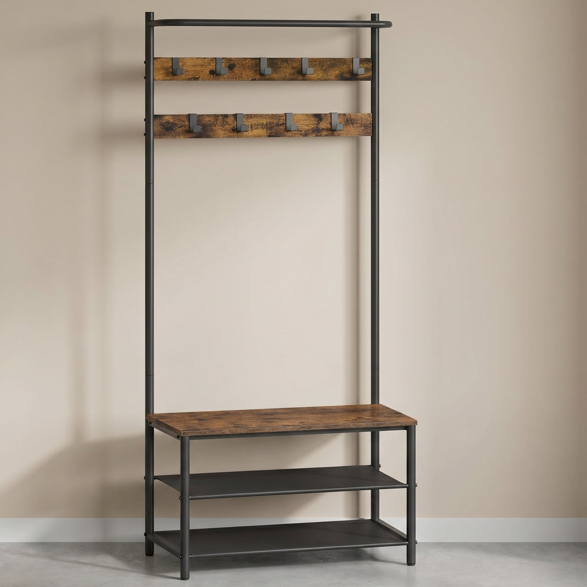 Nordic Hygge3-in-1 Industrial Hall Tree with Shoe Storage Bench, Rustic Walnut & Black