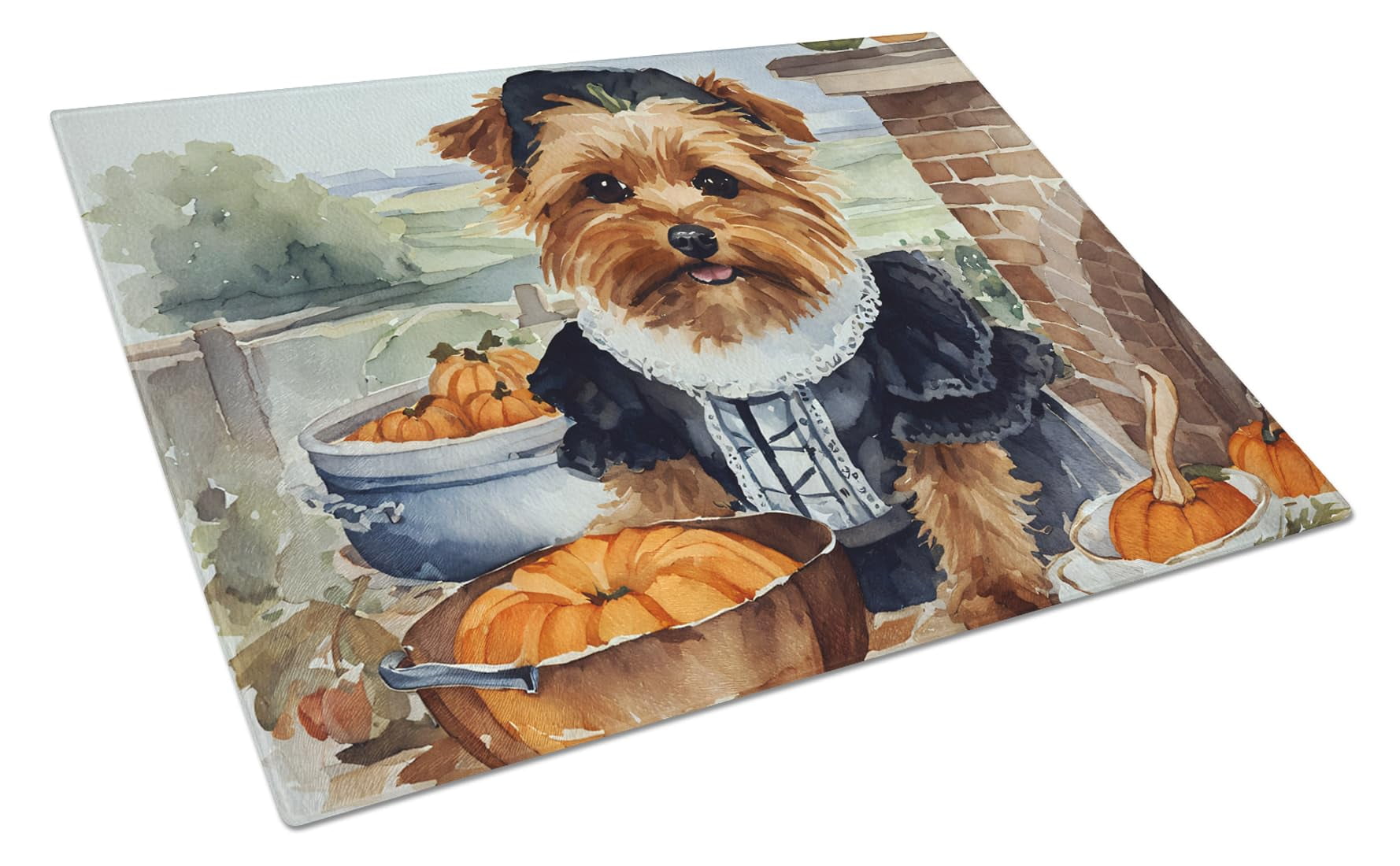 Norfolk Terrier Fall Kitchen Pumpkins Glass Cutting Board Large 12 in x 15 in