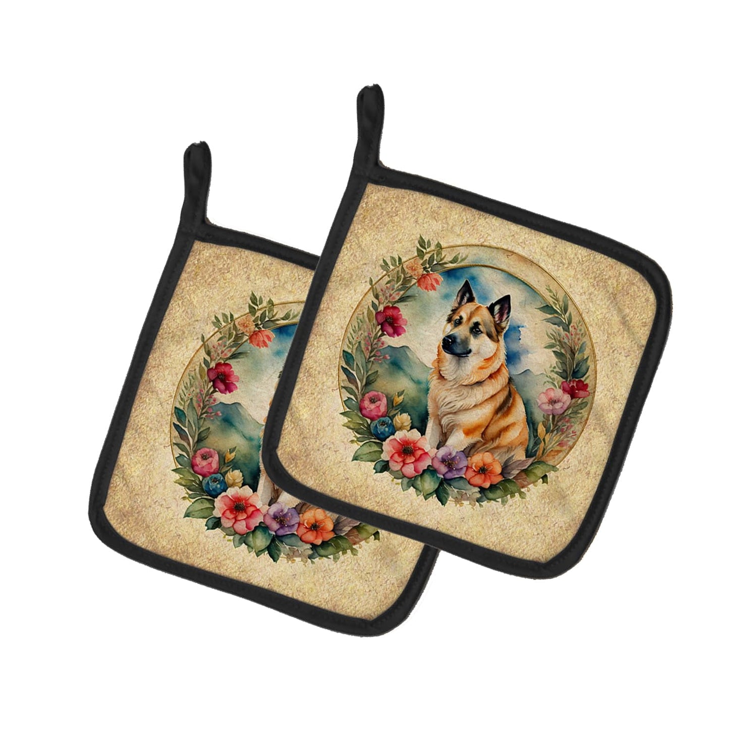 Norwegian Buhund and Flowers Pair of Pot Holders