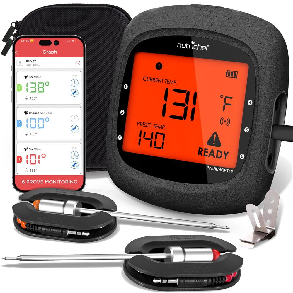 NutriChef Smart Bluetooth BBQ Thermometer W/ Travel Zip Case, Stainless W/ 2 Temperature Probes