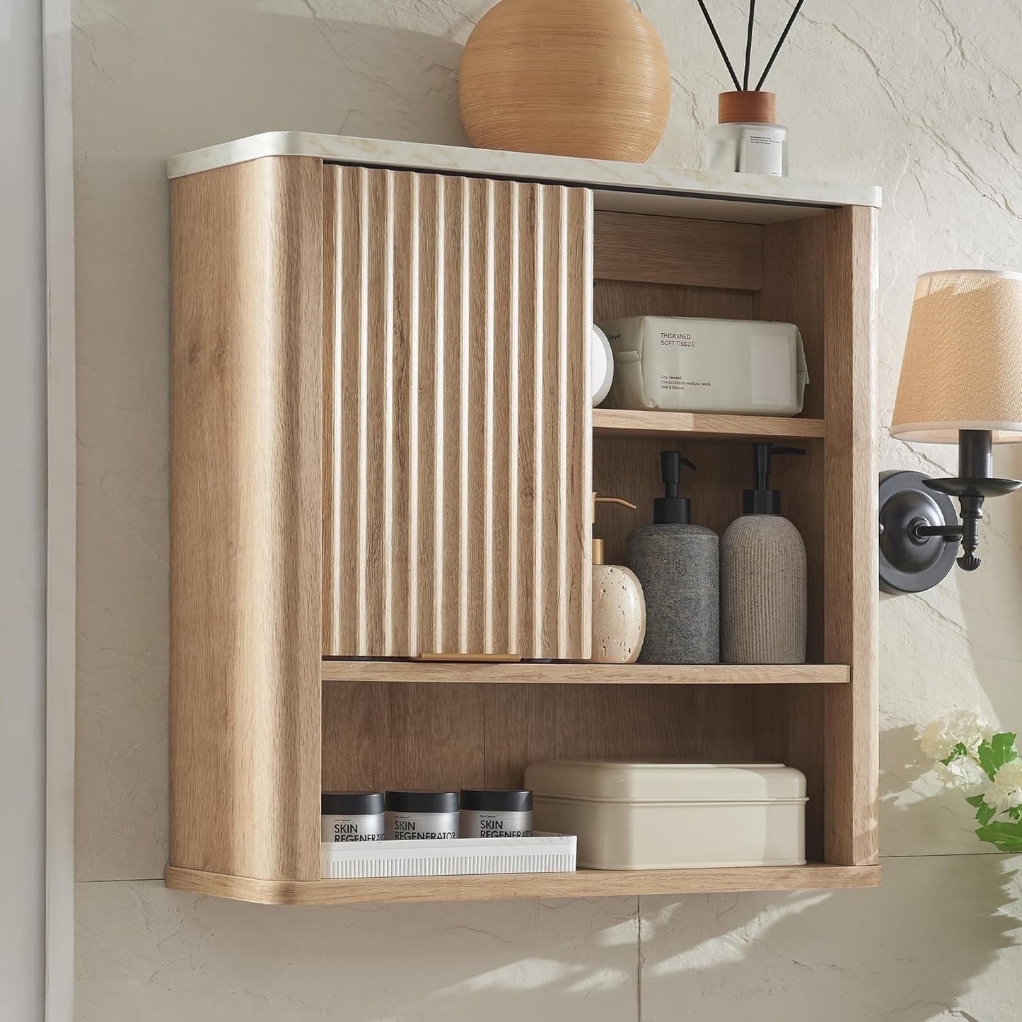 OKD Bathroom Storage Cabinet, Modern Medicine Cabinet with Adjustable Shelf for Kitchen & Living Room, Natural Oak