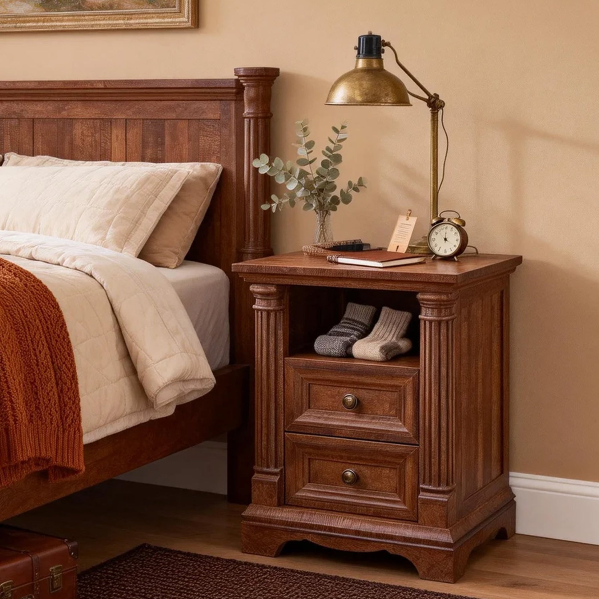 OKD Farmhouse 2-Drawer Nightstand with Charging Station, 18" Wooden End Table for Bedroom, Living Room, Reclaimed Barnwood
