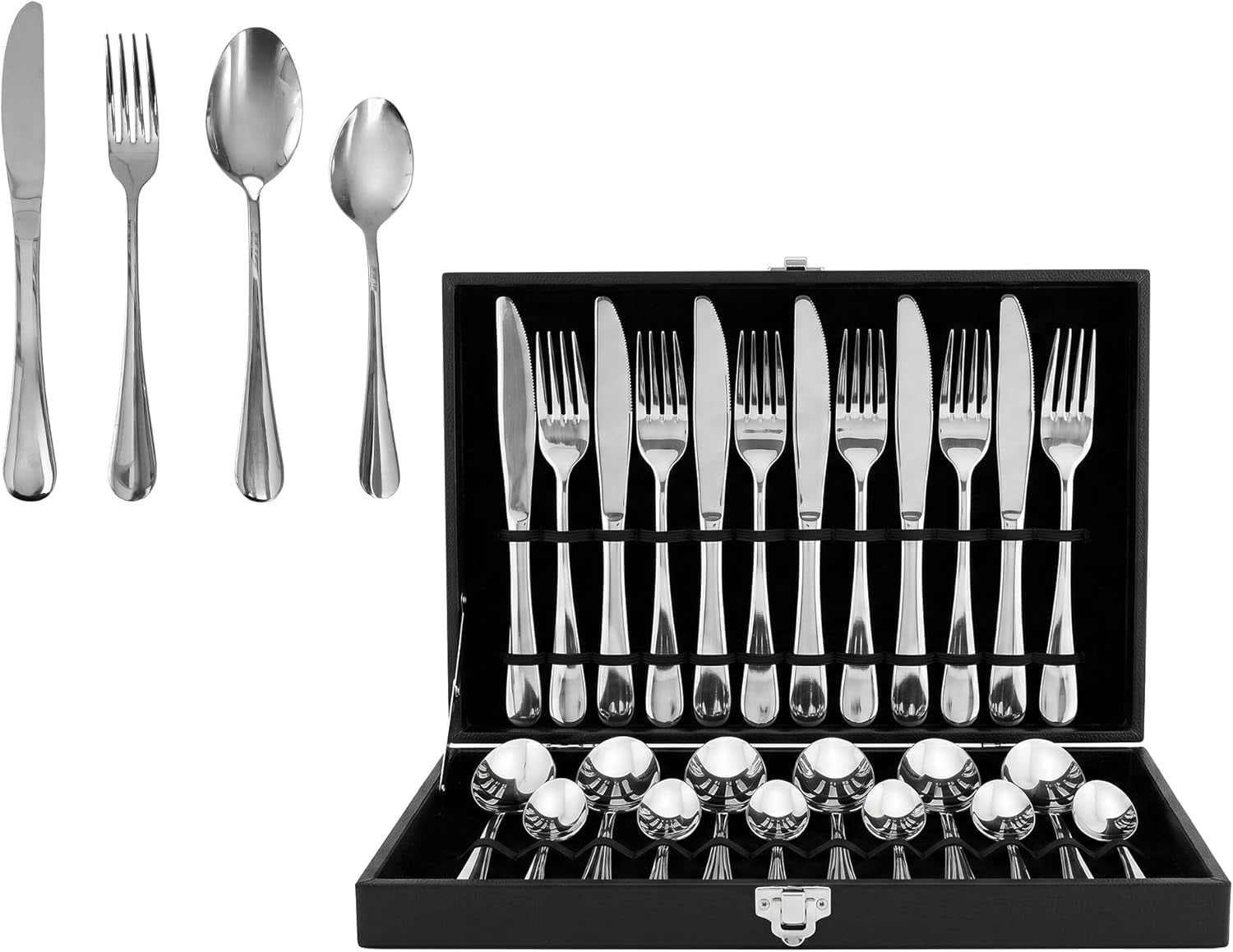 OVENTE 24-Piece Silverware Set Service for 6, Durable Stainless Steel Flatware Cutlery Utensil, Premium Tableware and Dishwasher Safe with Steak Dinner Knives, Fork, Spoon & Teaspoon Silver FL20241CH