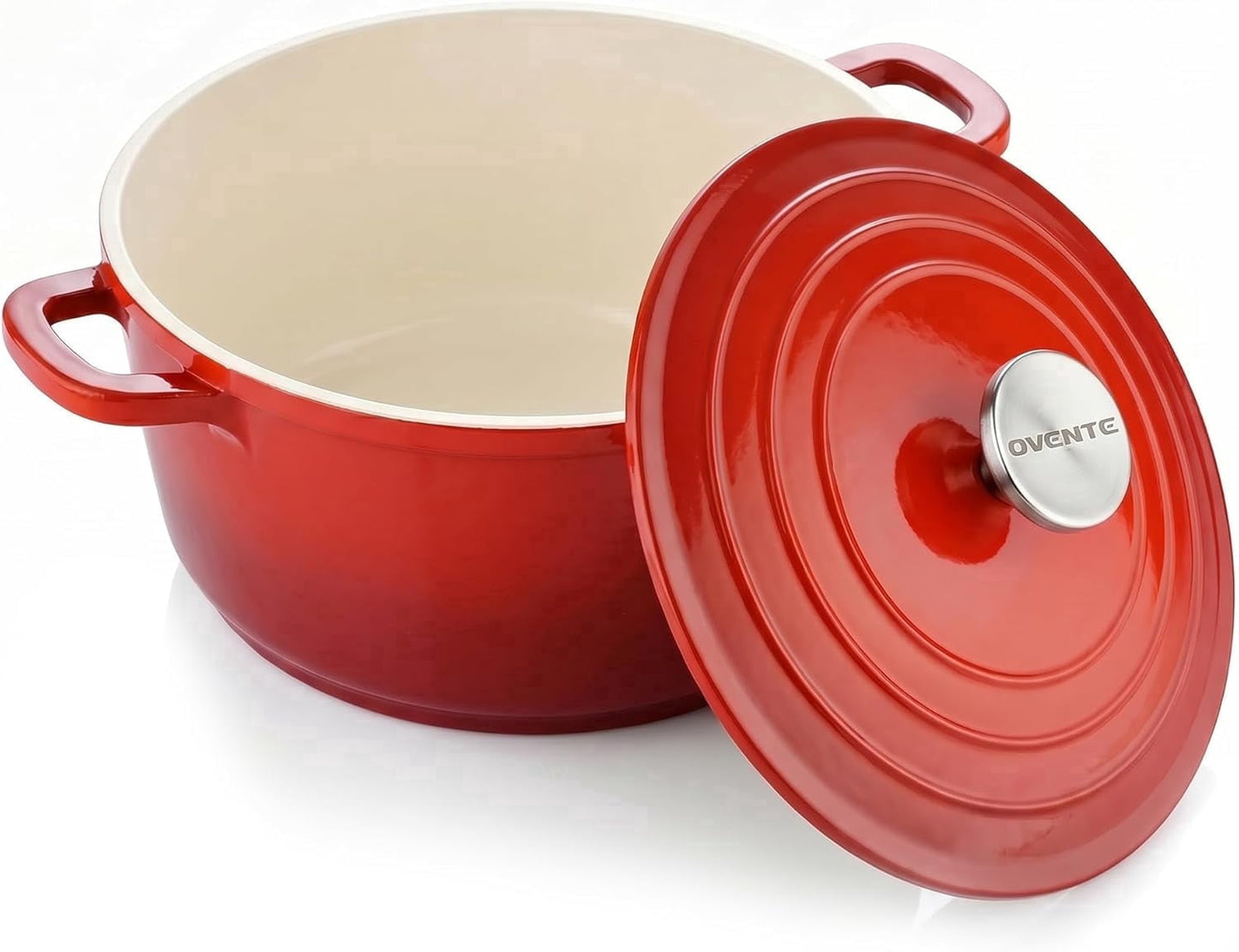 OVENTE Dutch Oven Pot with Lid, 4.6 Quart Aluminum Non-Stick Coated Cookware for Sourdough Bread Baking, Braising, Cooking Soups and More, Oven and Dishwasher Safe, Works on All Stovetops, Red DOA546