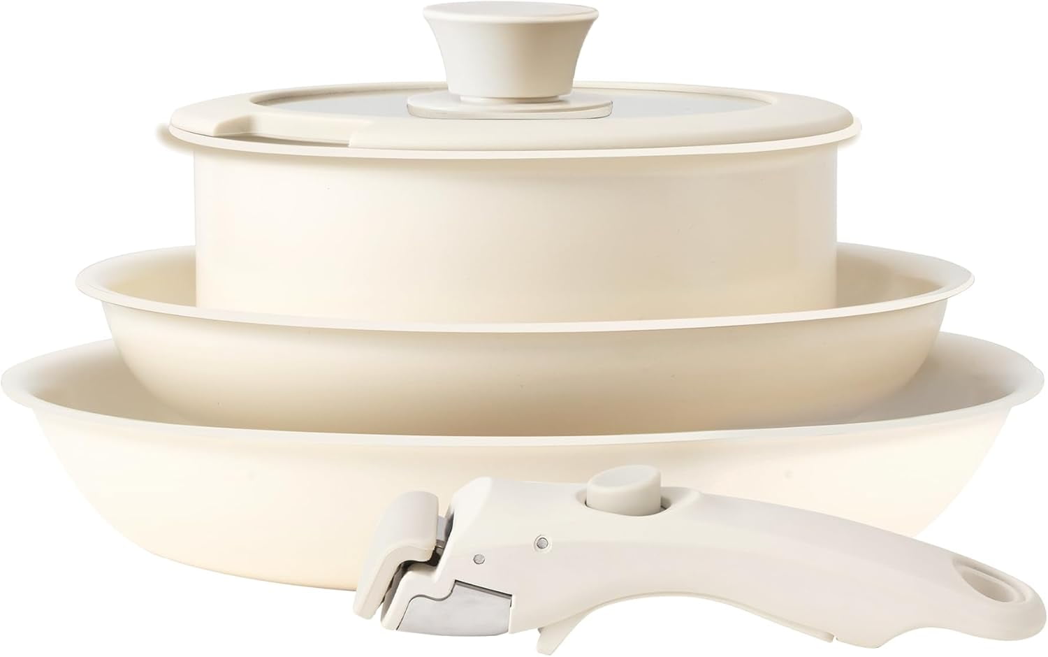 OVENTE 5Pc Ceramic Cookware Set, Non-Stick Induction Pots & Pans w/ Lid & Detachable Handle, Non-toxic, PFOA-Free, Stackable, Dishwasher Safe, Cream CWAD01005C