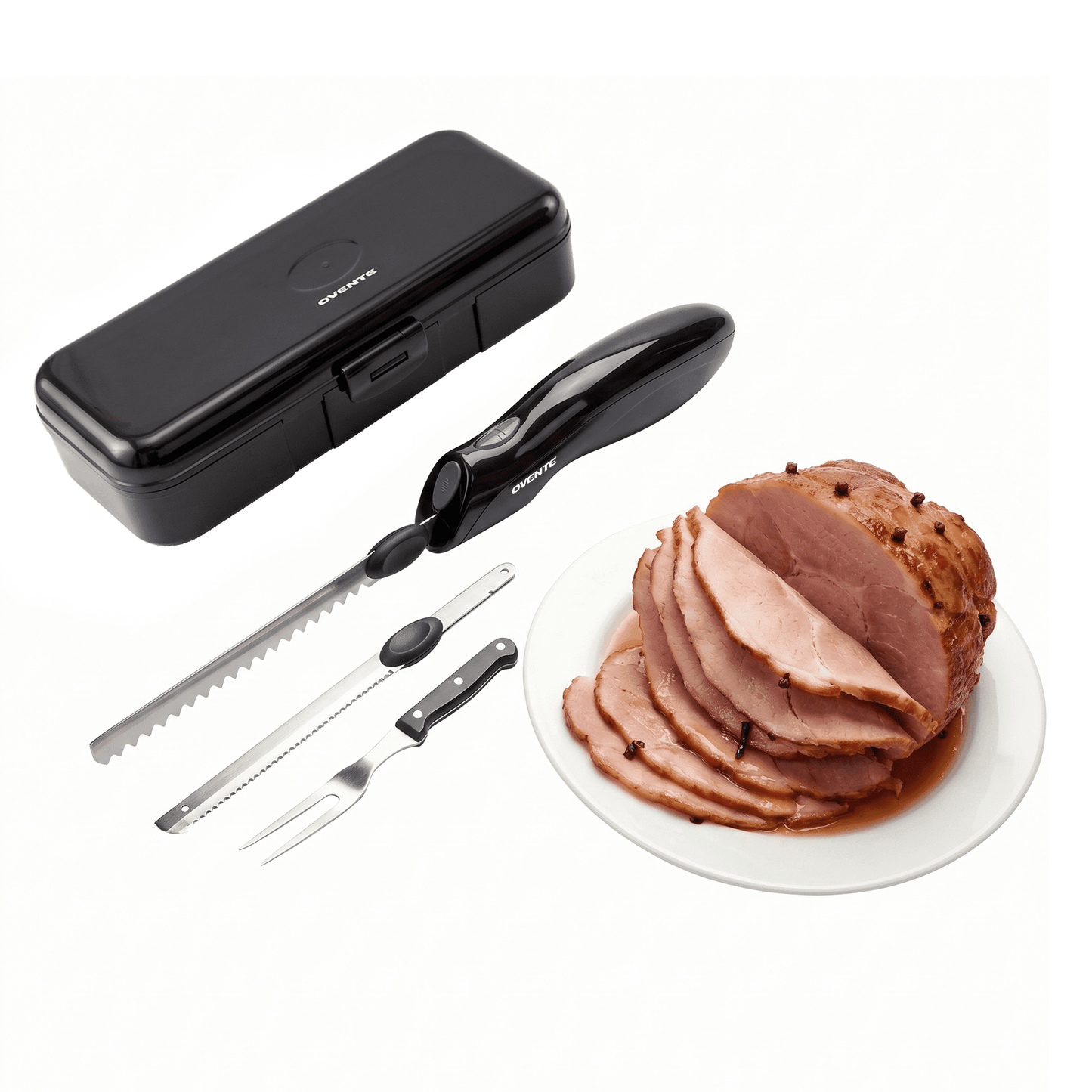 OVENTE Electric Knife w/ 2 Serrated Stainless Steel Blades, Black EK0813B | 120W, w/ Carving Fork, Storage Case, Safety Lock Button and Ergonomic Handle for Slicing Meat, Bread, Poultry, Fish & More