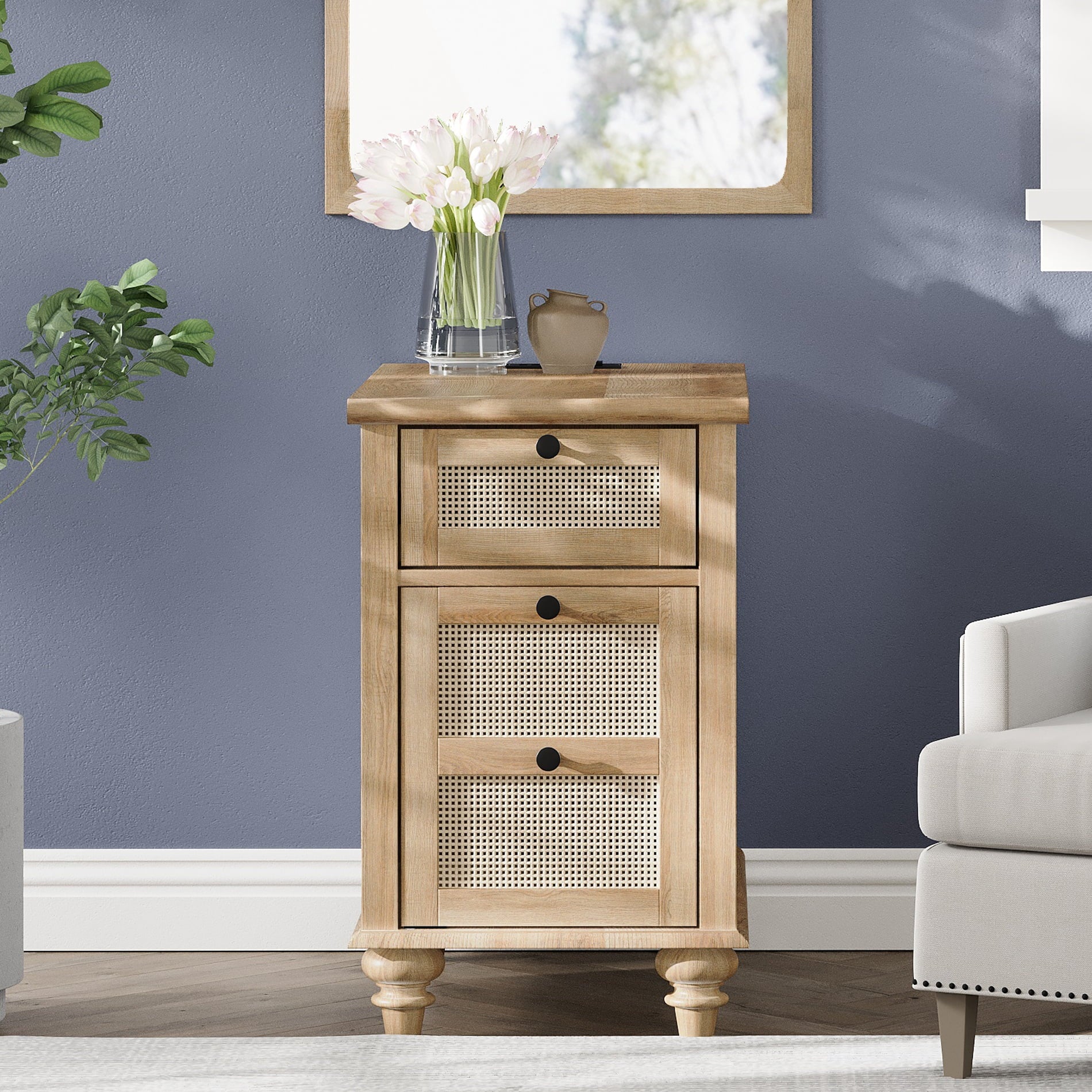 Oak Farmhouse End Table with Charging Station, Wooden Side Table with Rattan Drawer and Cabinet for Living Room Bedroom