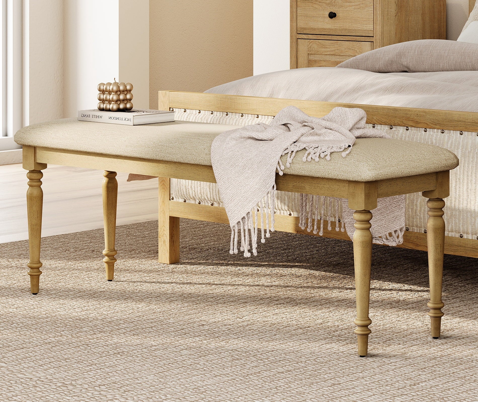 Oak Upholstered End of Bed Bench, Farmhouse Bedroom Bench Entryway Seat with Solid Wood Legs, 52 Inch