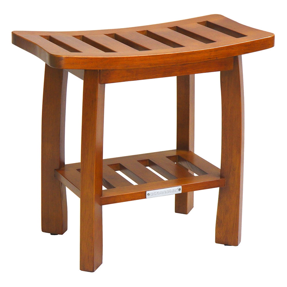 Oceanstar Solid Wood Spa Shower Bench with Storage Shelf, Teak Color Finish, 19.01 L x 11.02 W x 17.12 H inches