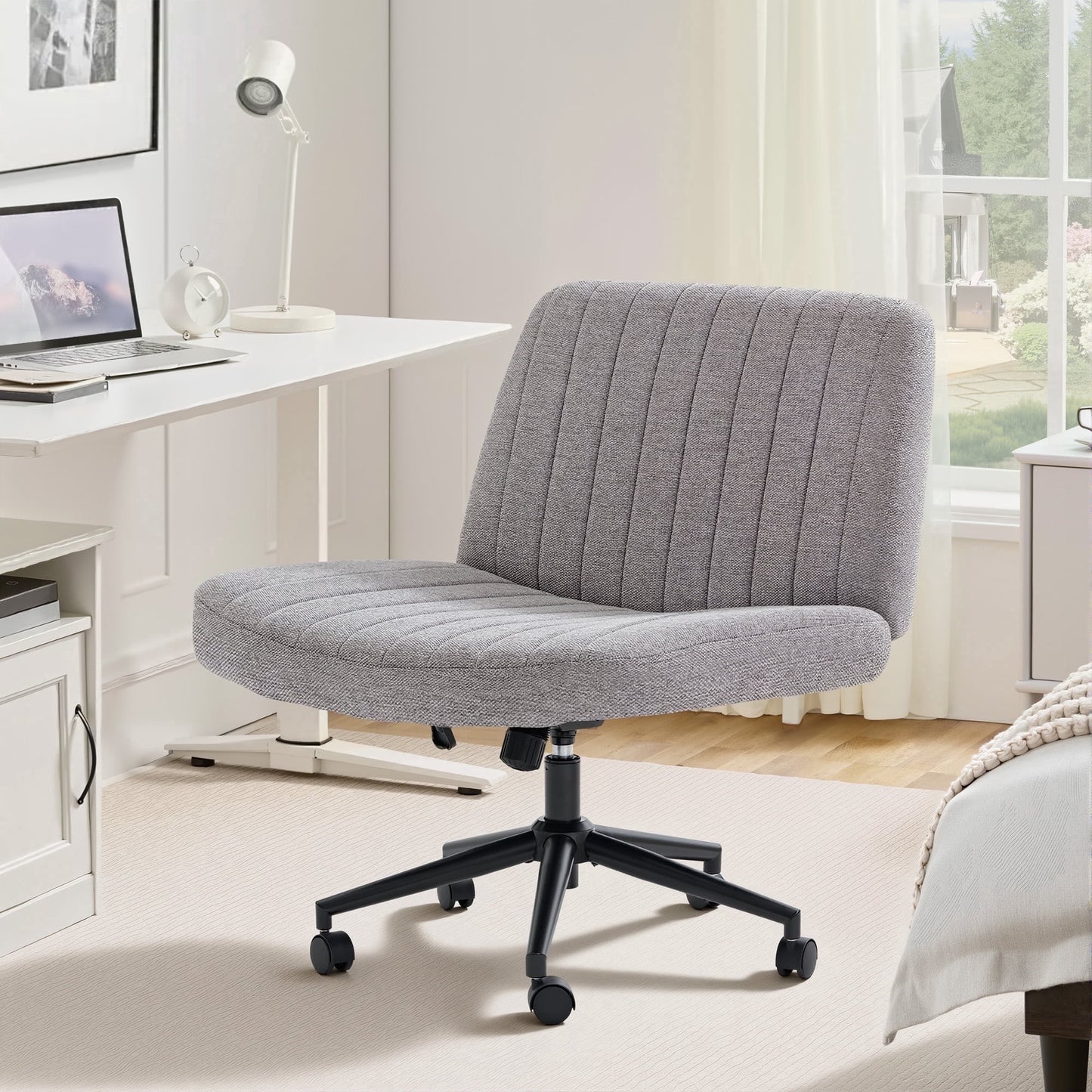 Office Chair Armless Criss Cross Legged Chair with Wheels, Comfy Home Office Desk Chairs, Adjustable Swivel Padded Fabric Vanity Task Computer Chair,Gray