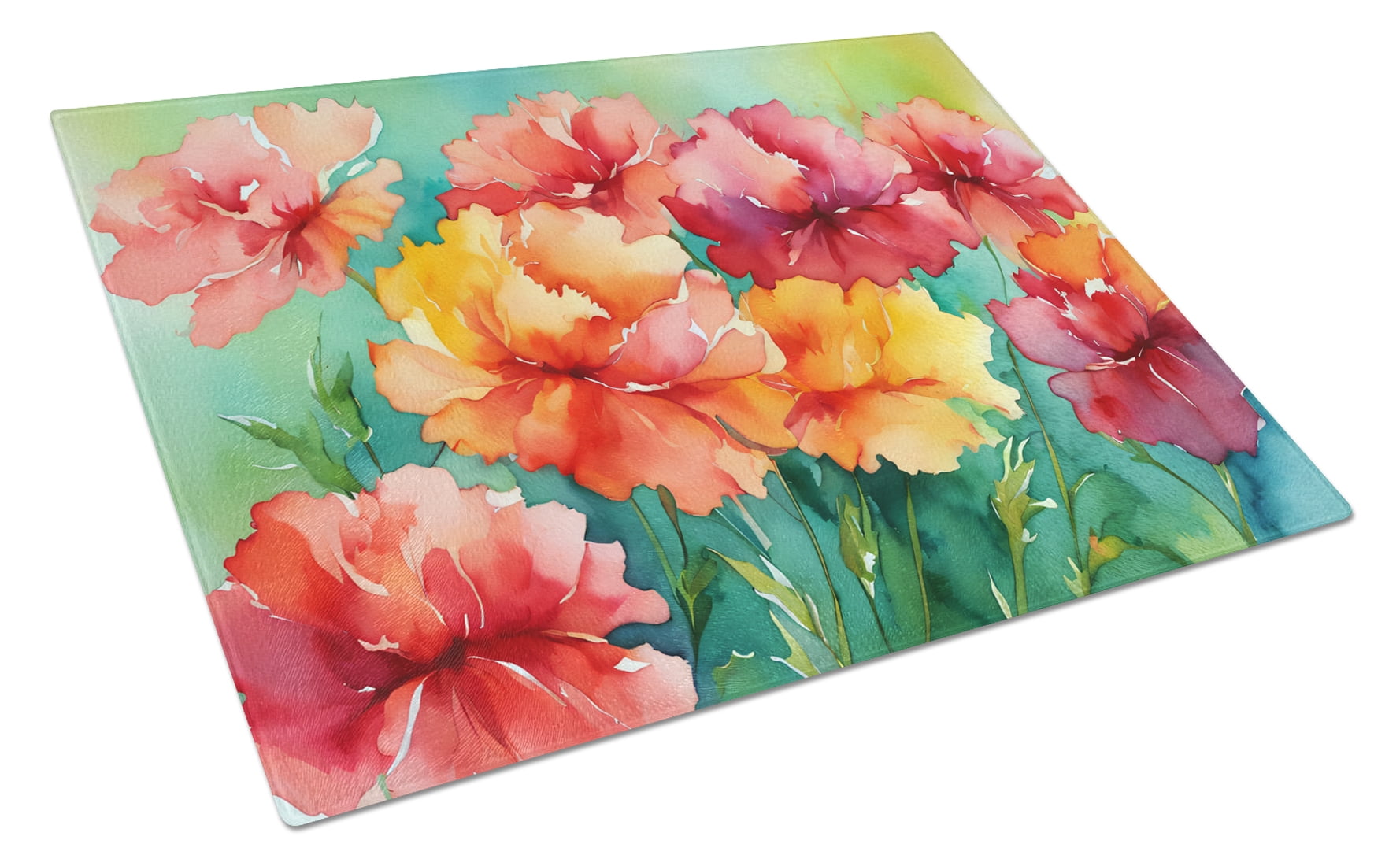 Ohio Scarlet Carnations in Watercolor Glass Cutting Board Large 12 in x 15 in