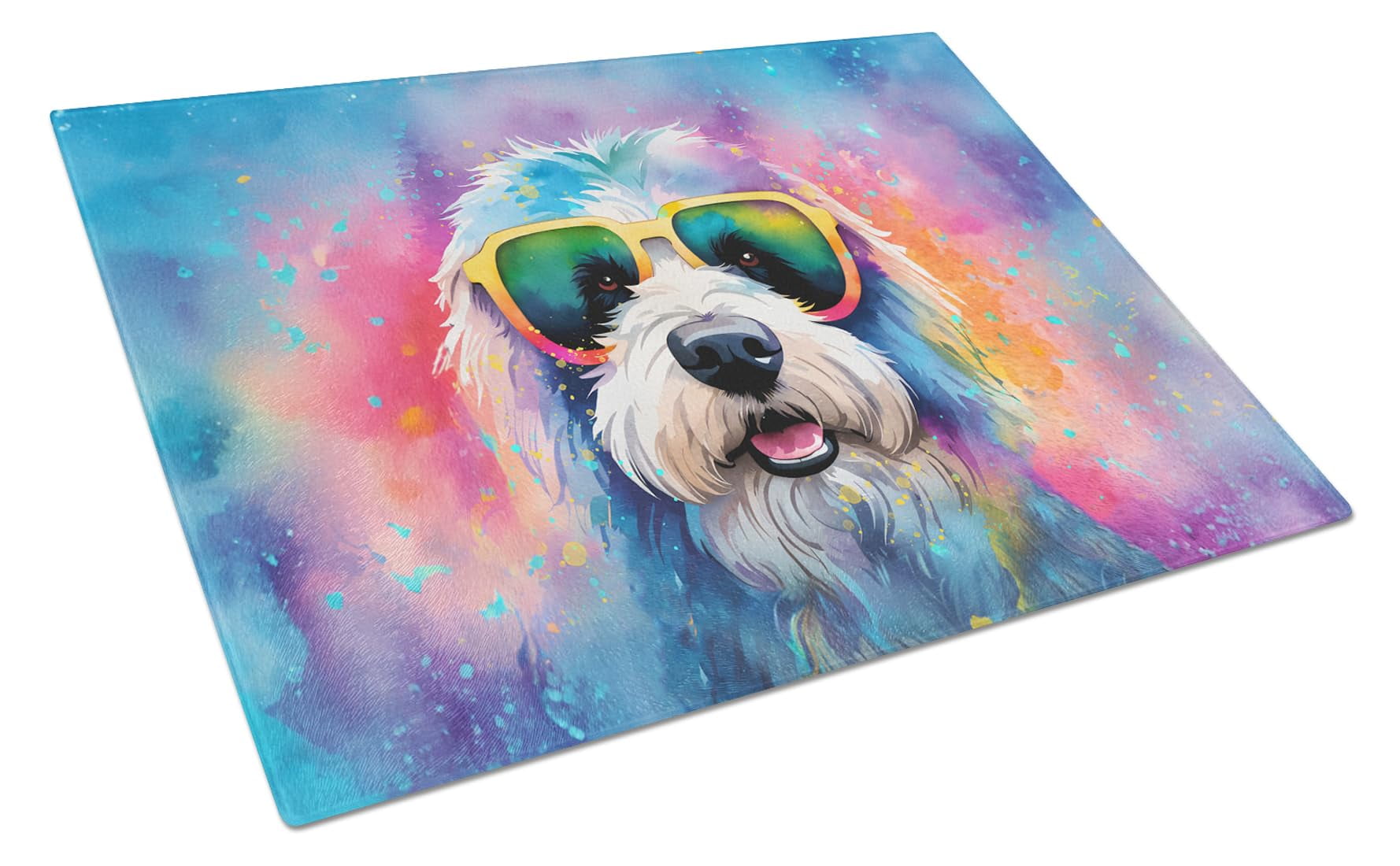 Old English Sheepdog Hippie Dawg Glass Cutting Board Large 12 in x 15 in