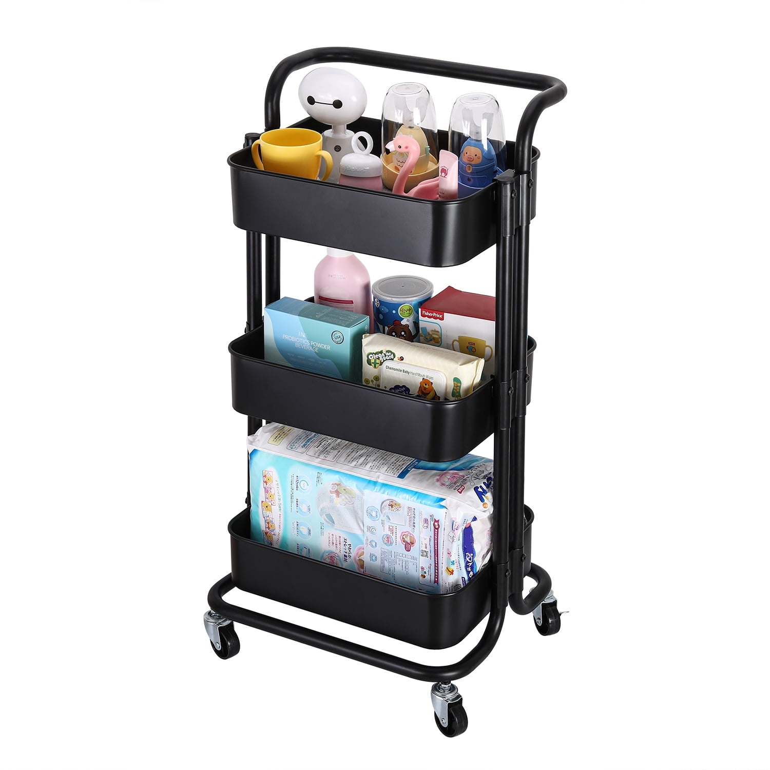 Ollieroo Carrito de Utilidad Rodante de Metal de 3 Niveles Organizador Multifuncional Estante Organizador de Cocina Estante Torre con Ruedas Carrito Carrito, Negro