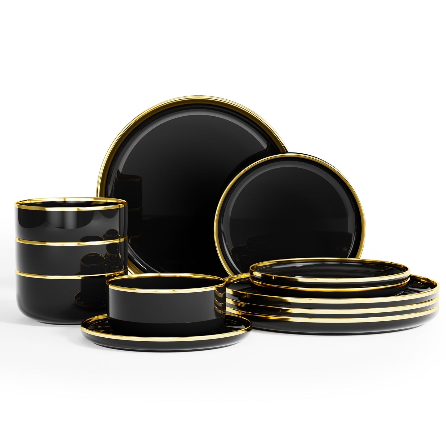 Ollieroo Kitchen Plates and Bowls Sets, 12 Pieces Porcelain Dinnerware Set for 4, Handmade Ceramic Dish Set wtih Gold Rim,Black, Not Suitable for Microwave&Dishwasher&Oven