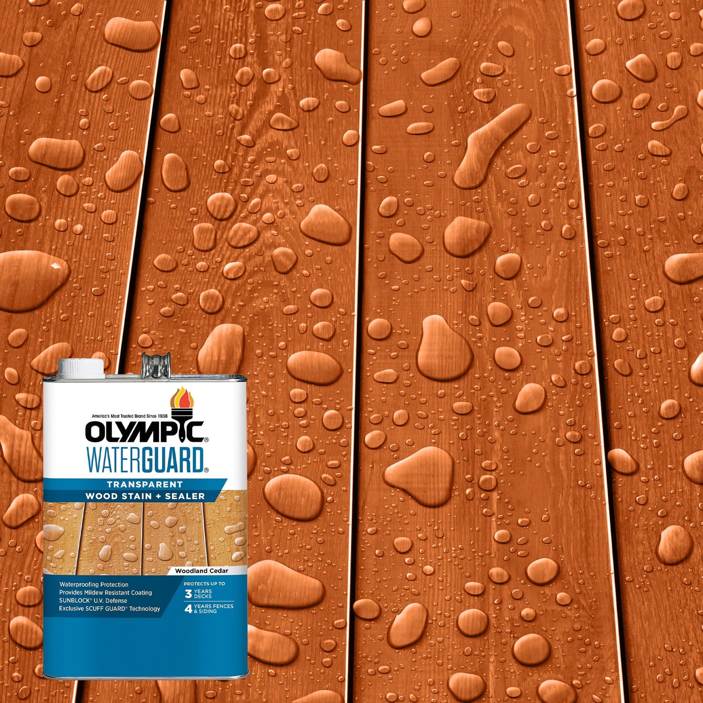 Olympic WaterGuard Woodland Cedar Transparent Exterior Wood Stain and Sealer, 1 Gallon
