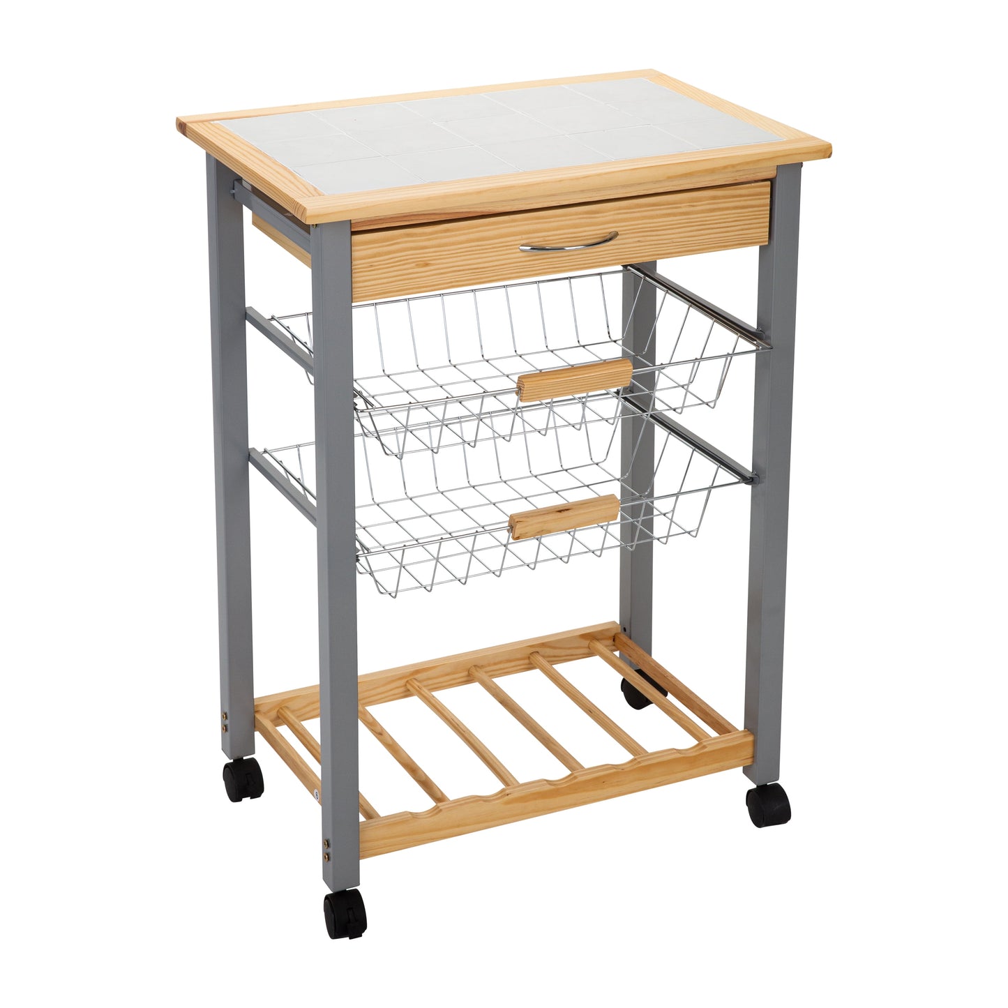 Organize It All Rolling Kitchen Cart with Wine Rack, 22.50" x 14.50" x 30"