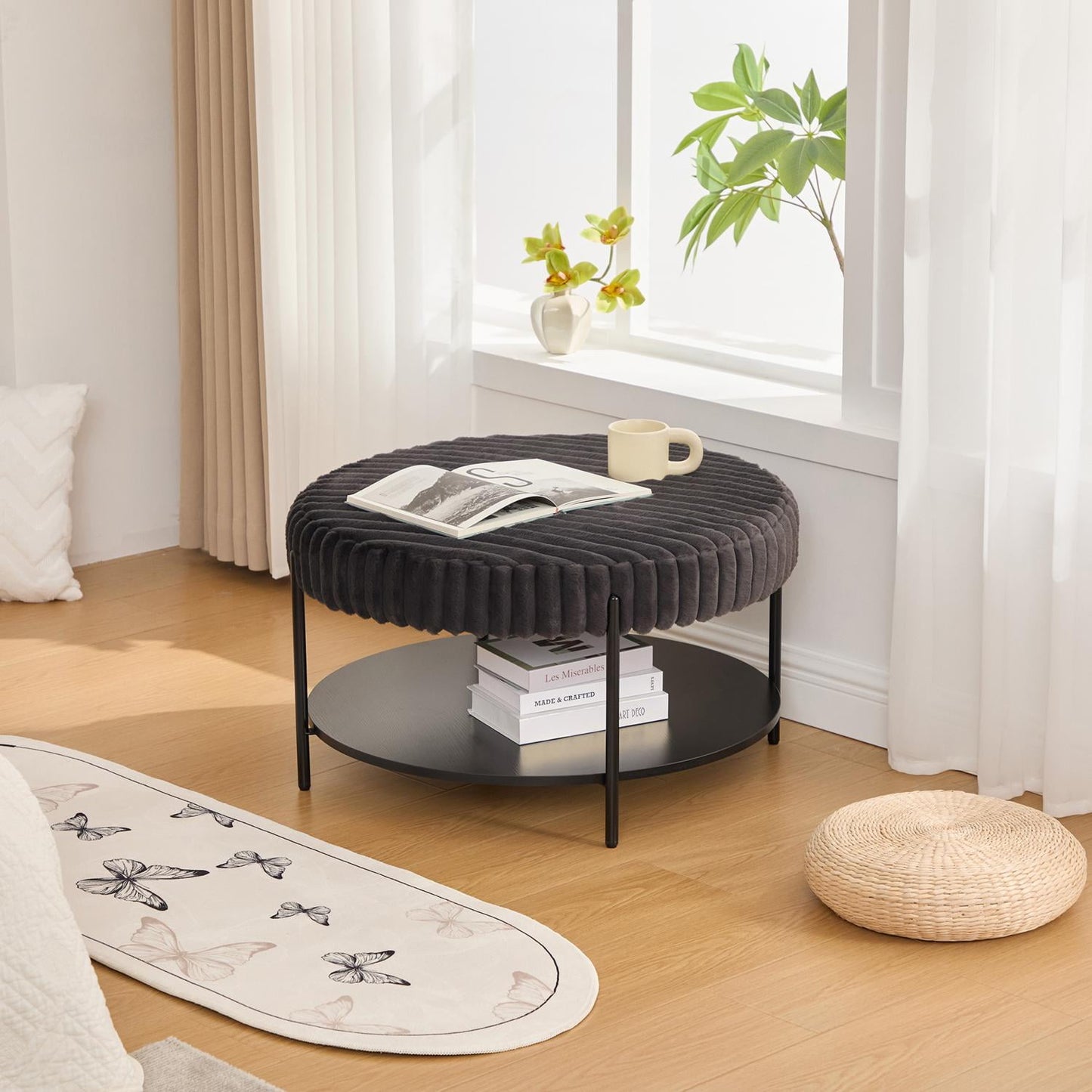 Ottoman, Charcoal Faux Fur with Open Shelf Storage, 30.9 Inch Round Footstool Coffee Table for Living Room, Bedroom, Entryway, Black Metal Legs, 275 lb Capacity