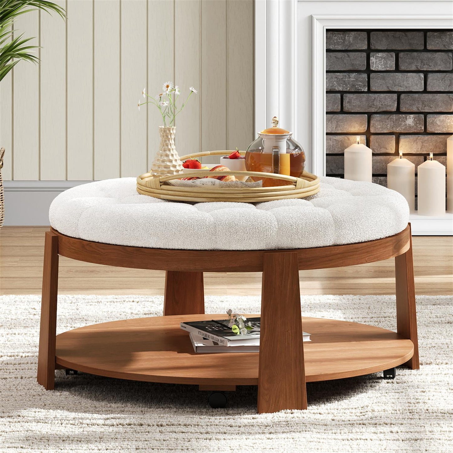 Ottoman Coffee Table, Large Round Button Tufted Ottoman With 2 Tier Wood Storage Shelf And Wheels, Waterproof Linen Fabric For Living Room, Ivory White