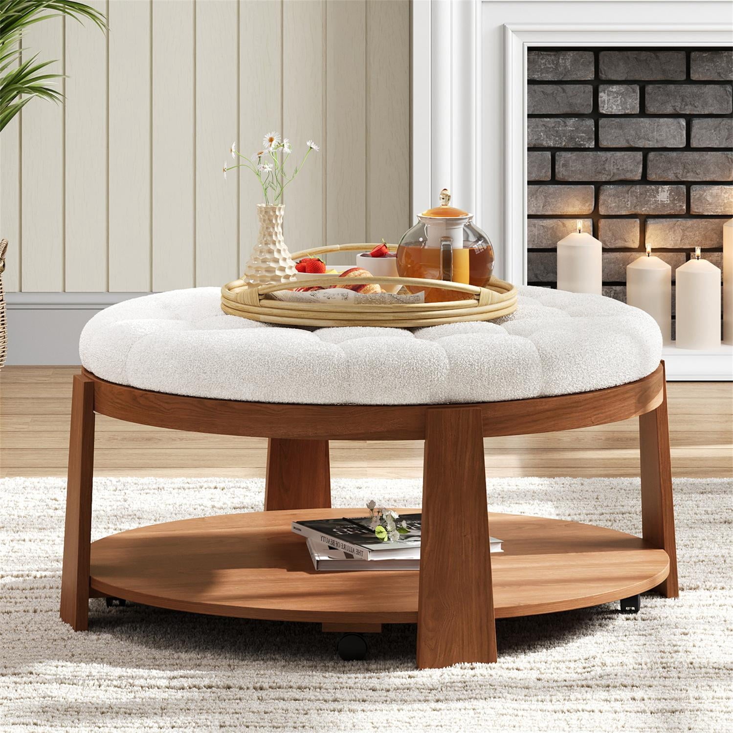 Ottoman Coffee Table, Large Round Button Tufted Ottoman With 2 Tier Wood Storage Shelf And Wheels, Waterproof Linen Fabric For Living Room, Ivory White