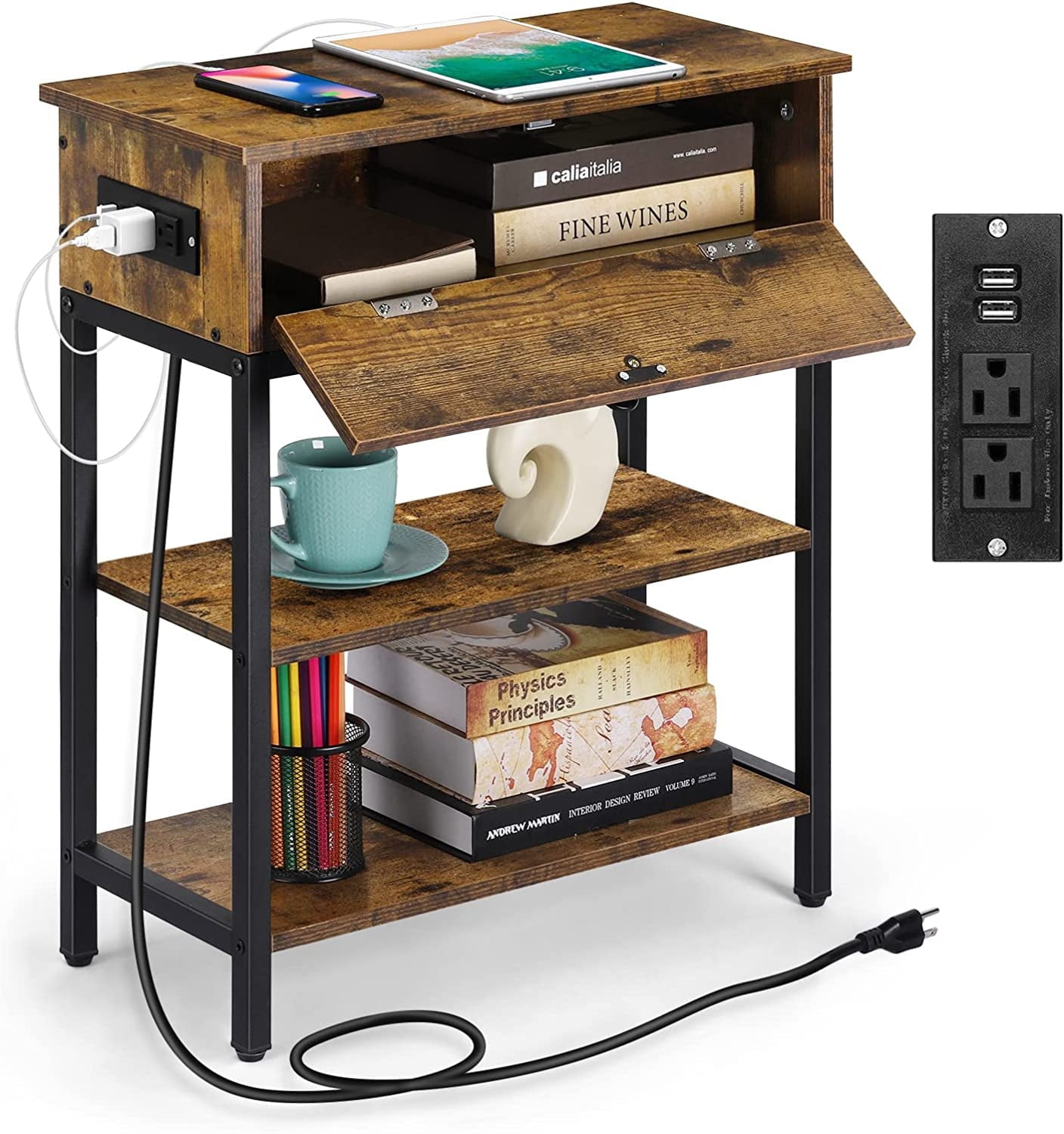Oumilen End Table with Drawer and Charging Station, Brown