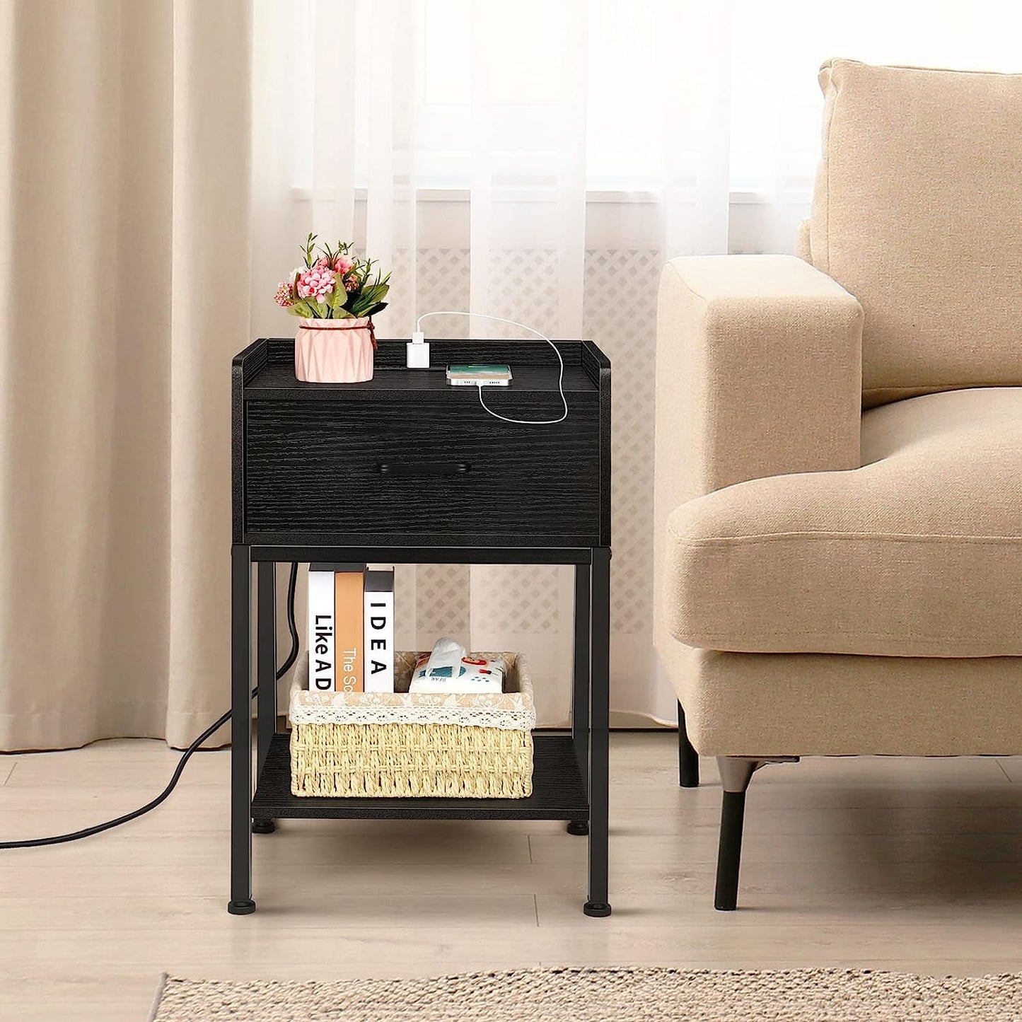 Oumilen Nightstand with Charging Station and Drawer, Brown
