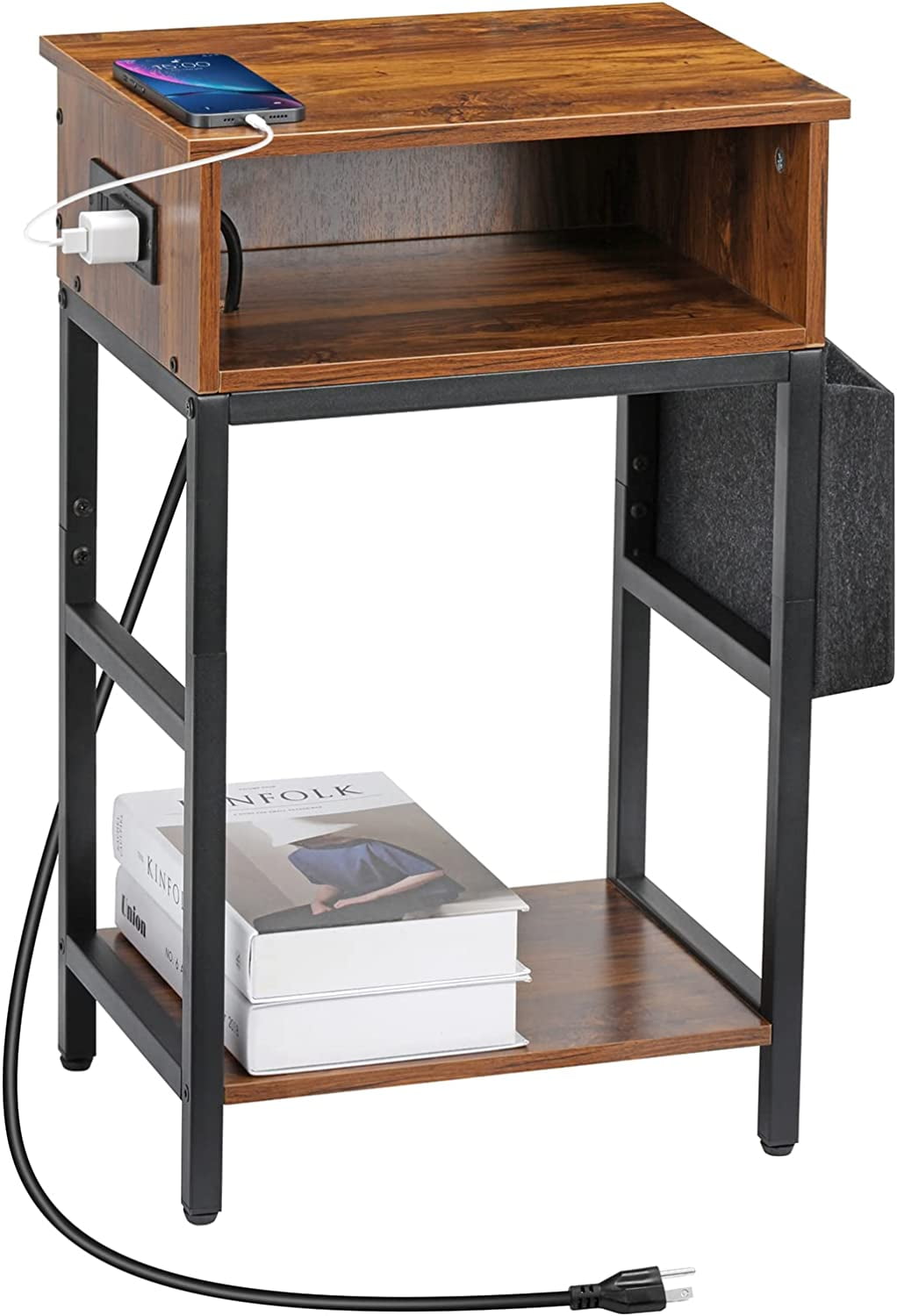Oumilen Western Home 25.2" End Table with Charging Station, Rustic Walnut Wood