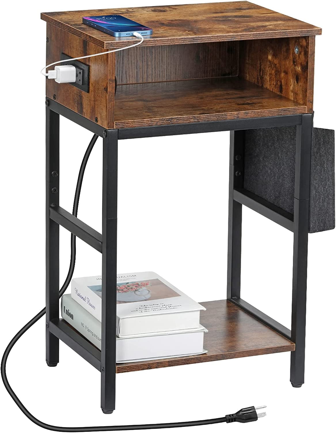 Oumilen Western Home End Table with Storage Bag, Drawer and Build-In Fast Charging Station with USB Ports Nightstand, Rustic Brown Wood