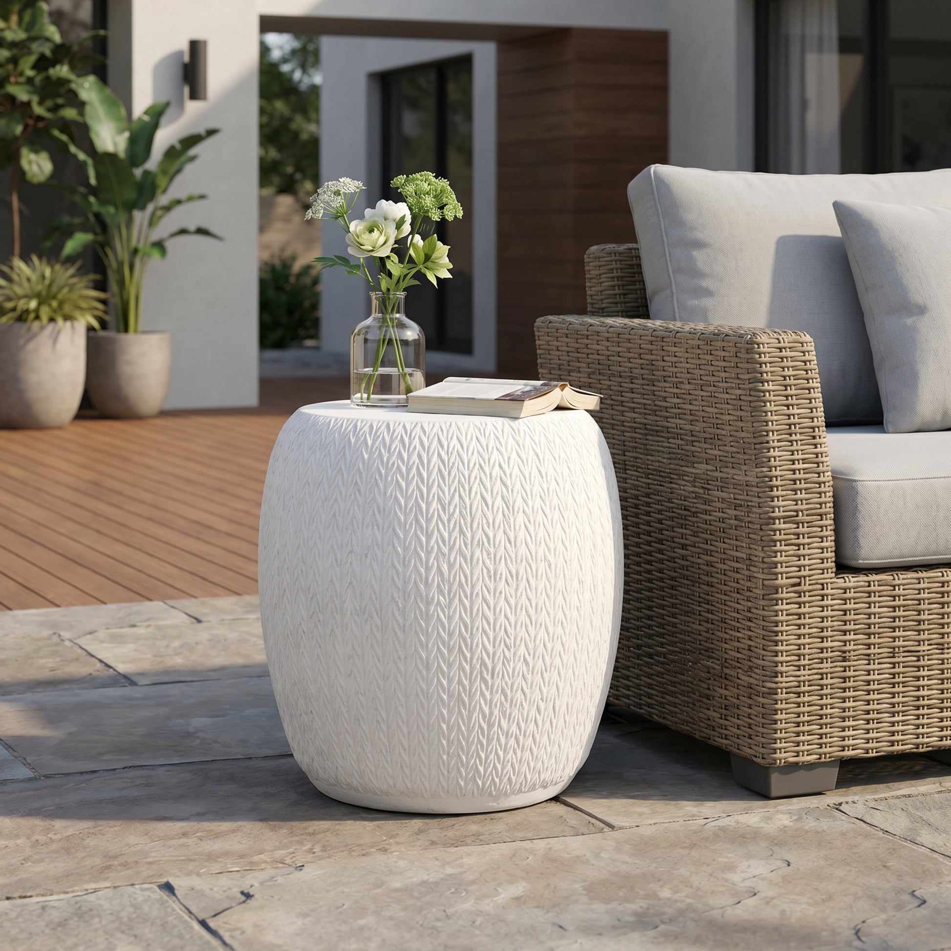 Outdoor Braided Texture Side Table, Lightweight Concrete Craft for Patio Garden, White
