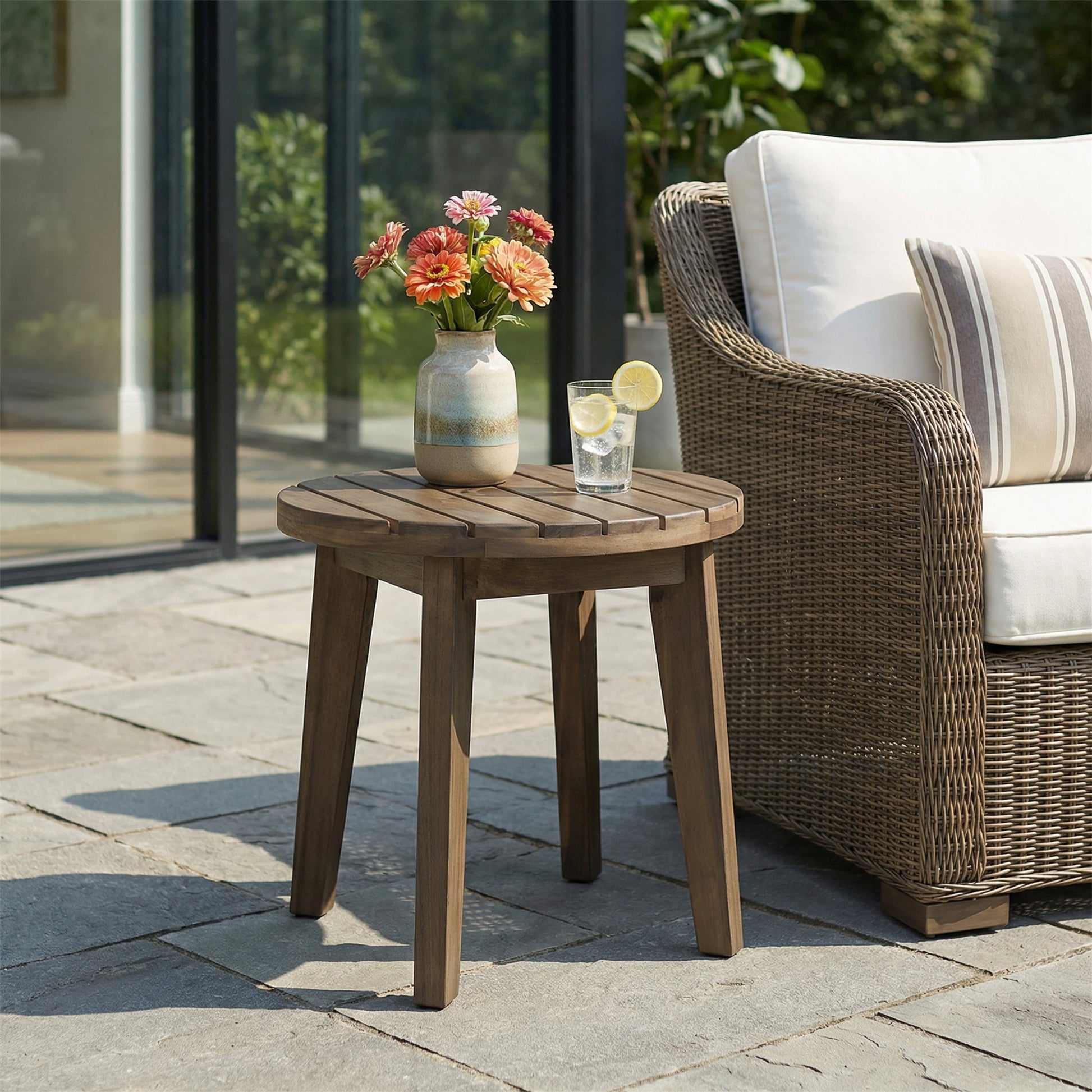 Outdoor Compact Side Table 16 Inch, Solid Acacia Wood Accent Table for Patio Garden, Gray