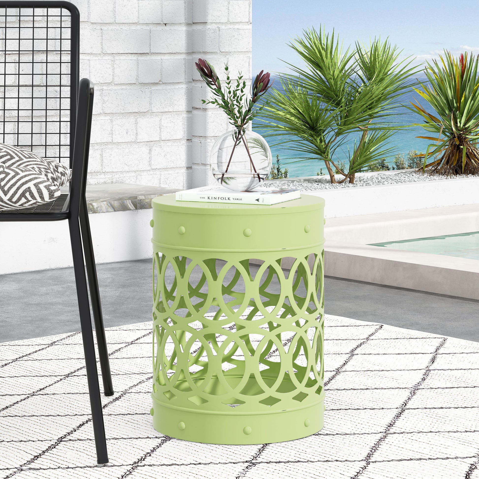 Outdoor Large Cylindrical Side Table, Overlapping Circle Pattern Metal Tabletop for Patio Garden, Green