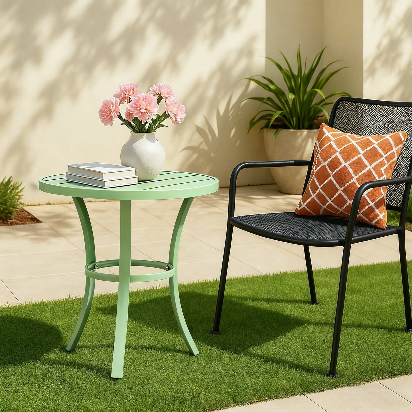 Outdoor Round Side Table, Light Green Powder-Coated Metal Frame, Adjustable Non-Slip Feet, Compact End Table, for Patio Balcony Living Room Bedroom