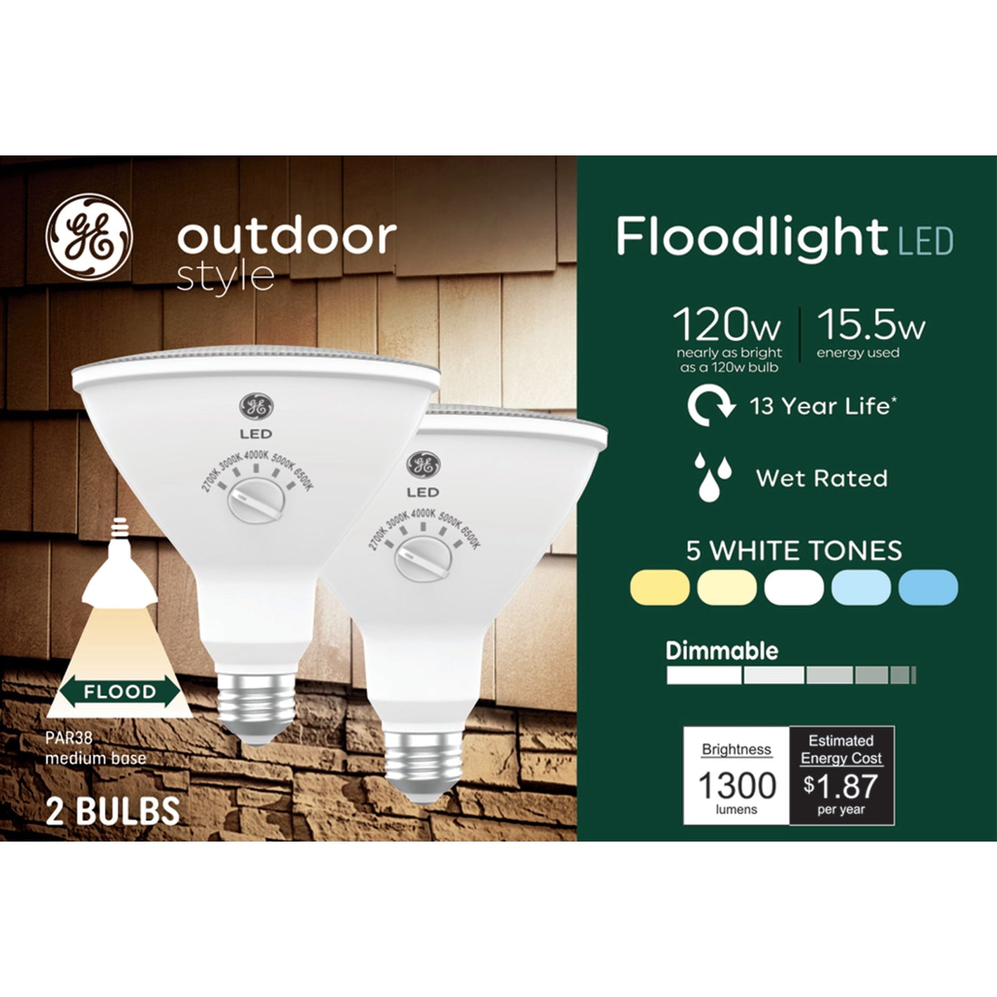 GE Outdoor Style Security PAR38 LED Light Bulbs, 120 Watt Replacement, 5 White Tones, 2pk