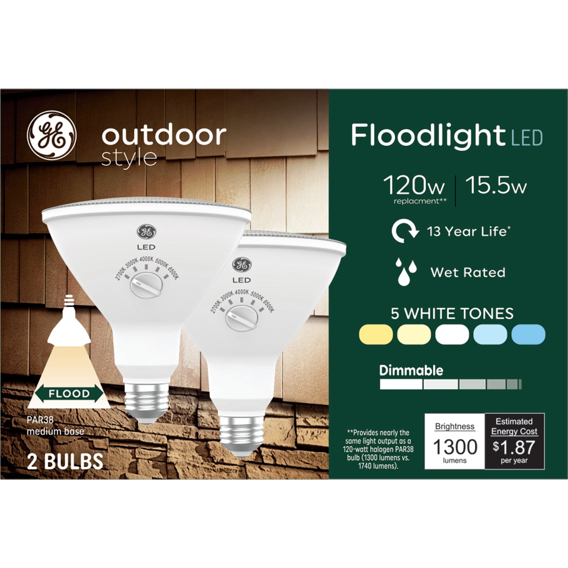 GE Outdoor Style Security PAR38 LED Floodlight, 90 Watt Replacement Light Bulb, 5 White Tones, 2pk